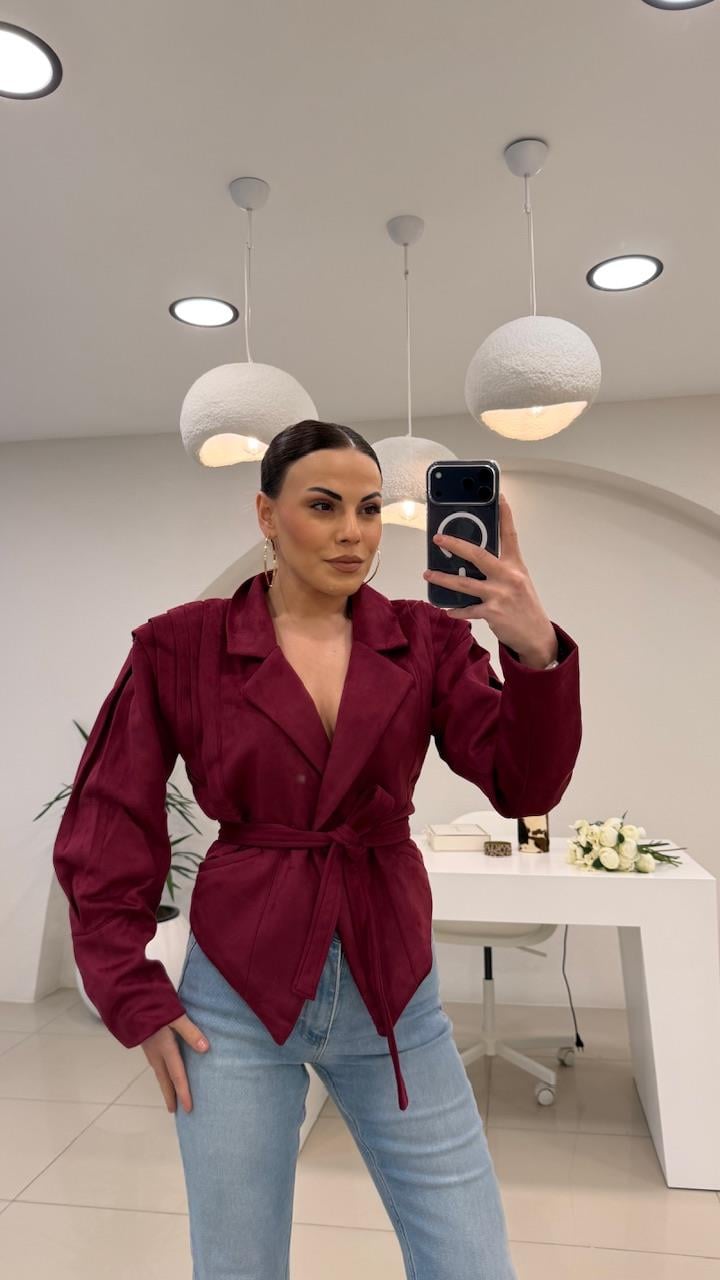 Tasarim Kemerli̇ Süet Bordo  Ceket 
