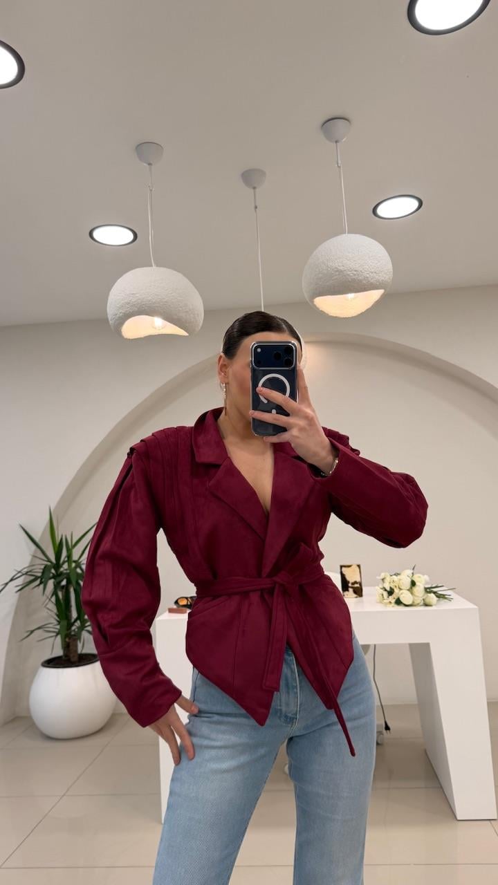 Tasarim Kemerli̇ Süet Bordo  Ceket 