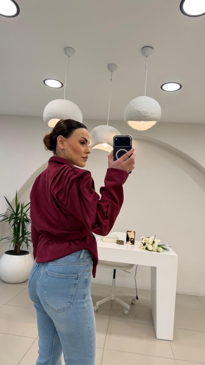 Tasarim Kemerli̇ Süet Bordo  Ceket 