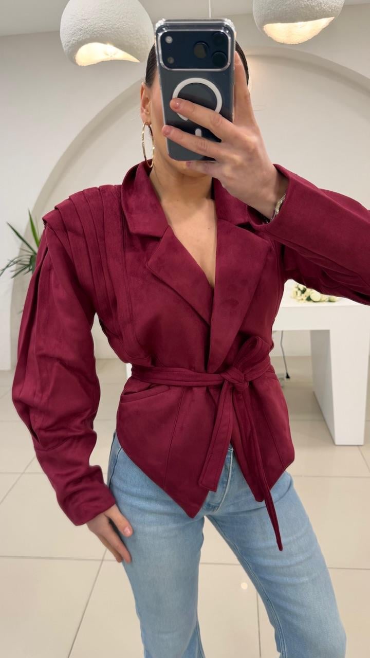 Tasarim Kemerli̇ Süet Bordo  Ceket 