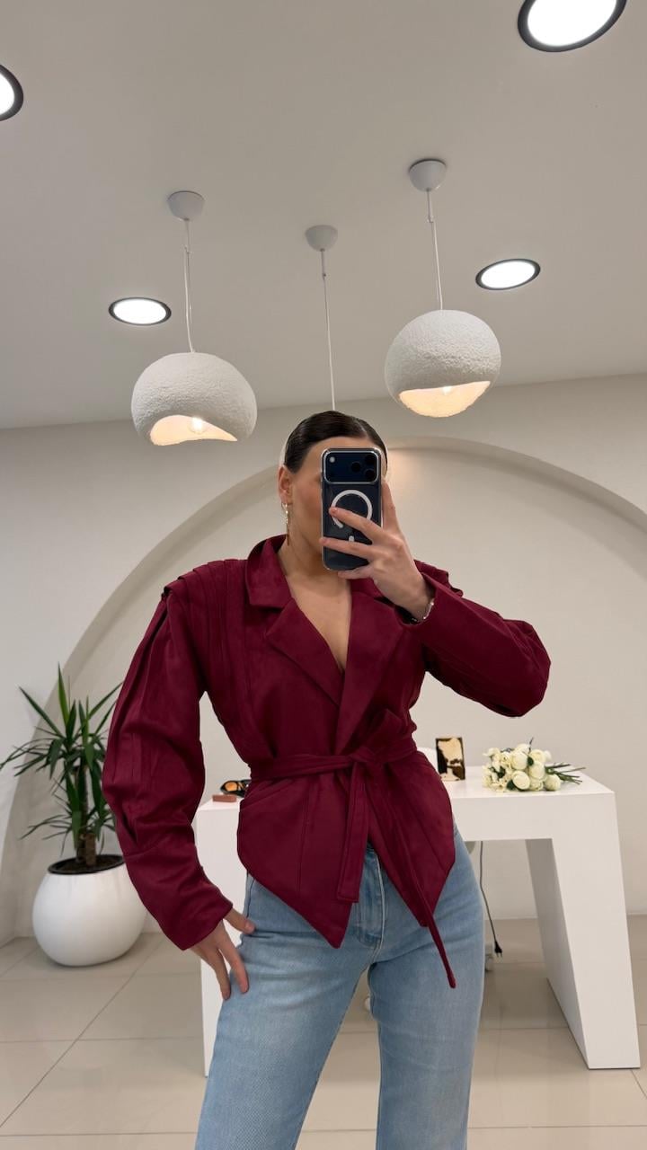 Tasarim Kemerli̇ Süet Bordo  Ceket 