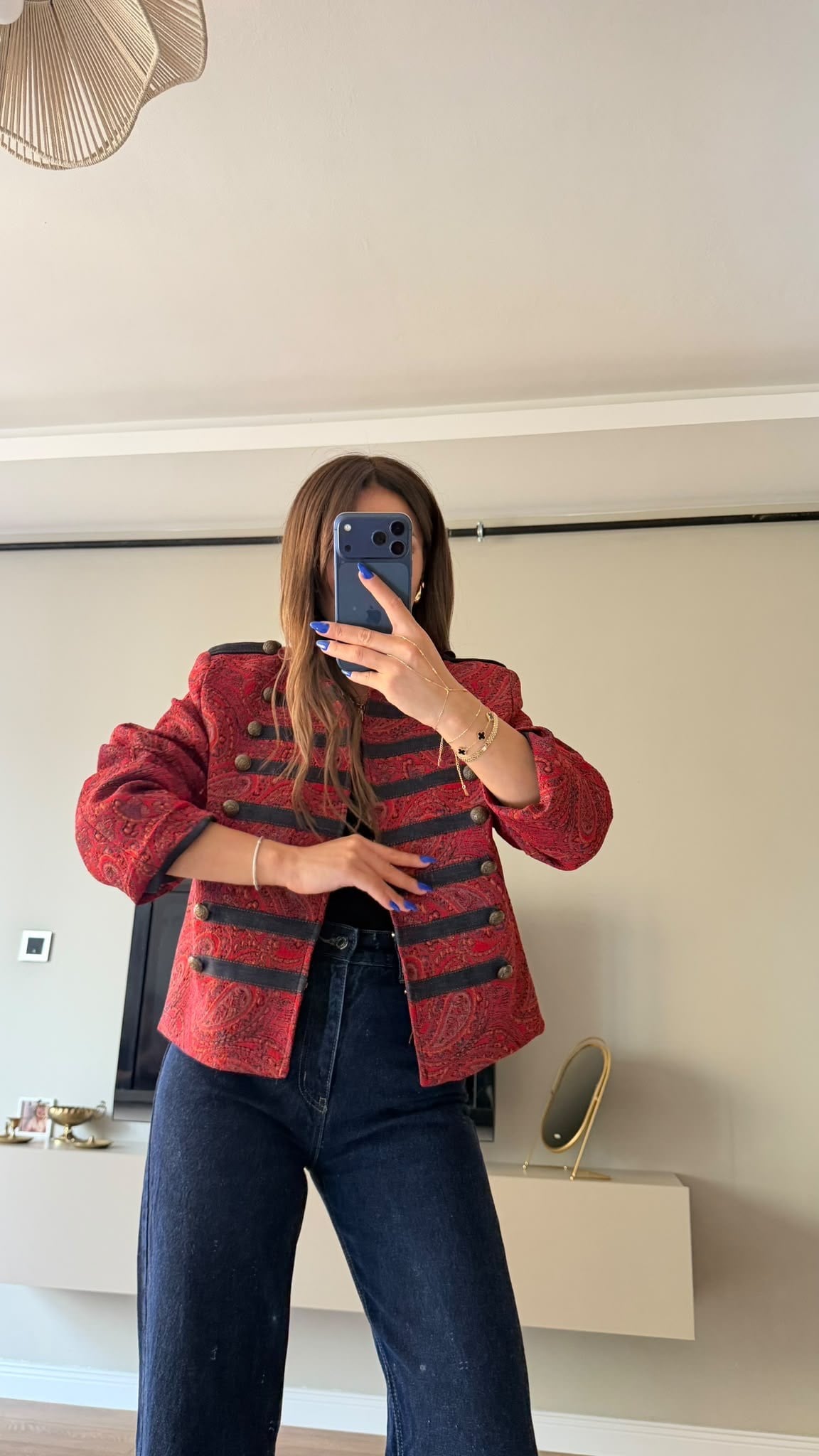 Tasarım Kırmızı Şal Desen Kısa Ceket