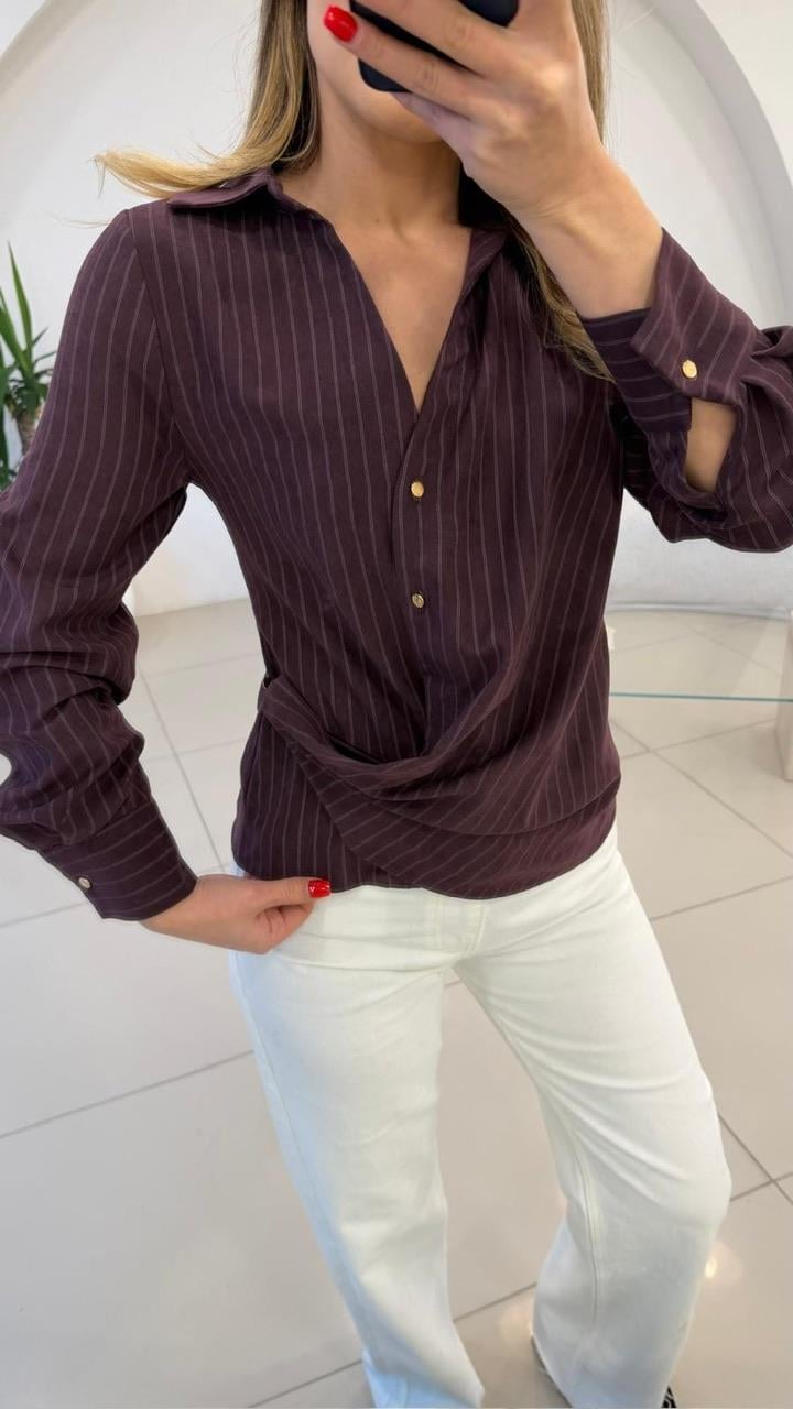 TASARIM KRUVAZE ÇİZGİLİ GÖMLEK BORDO