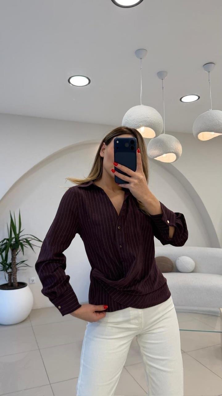 TASARIM KRUVAZE ÇİZGİLİ GÖMLEK BORDO