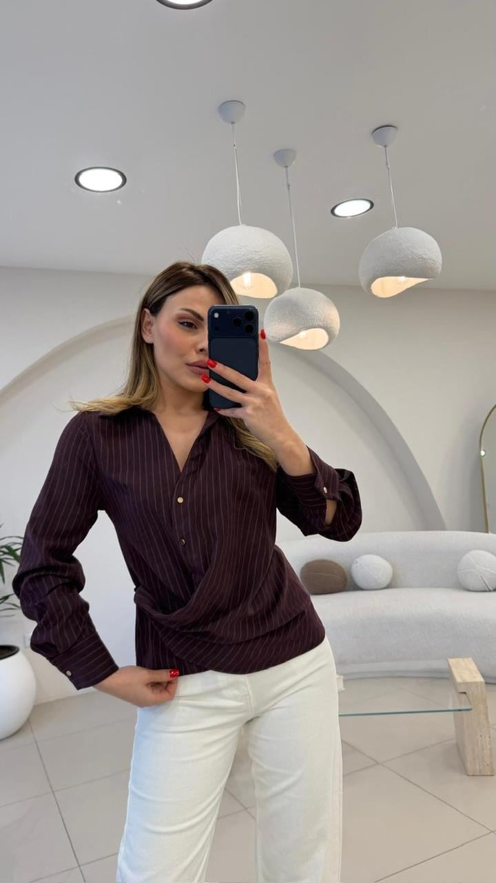 TASARIM KRUVAZE ÇİZGİLİ GÖMLEK BORDO