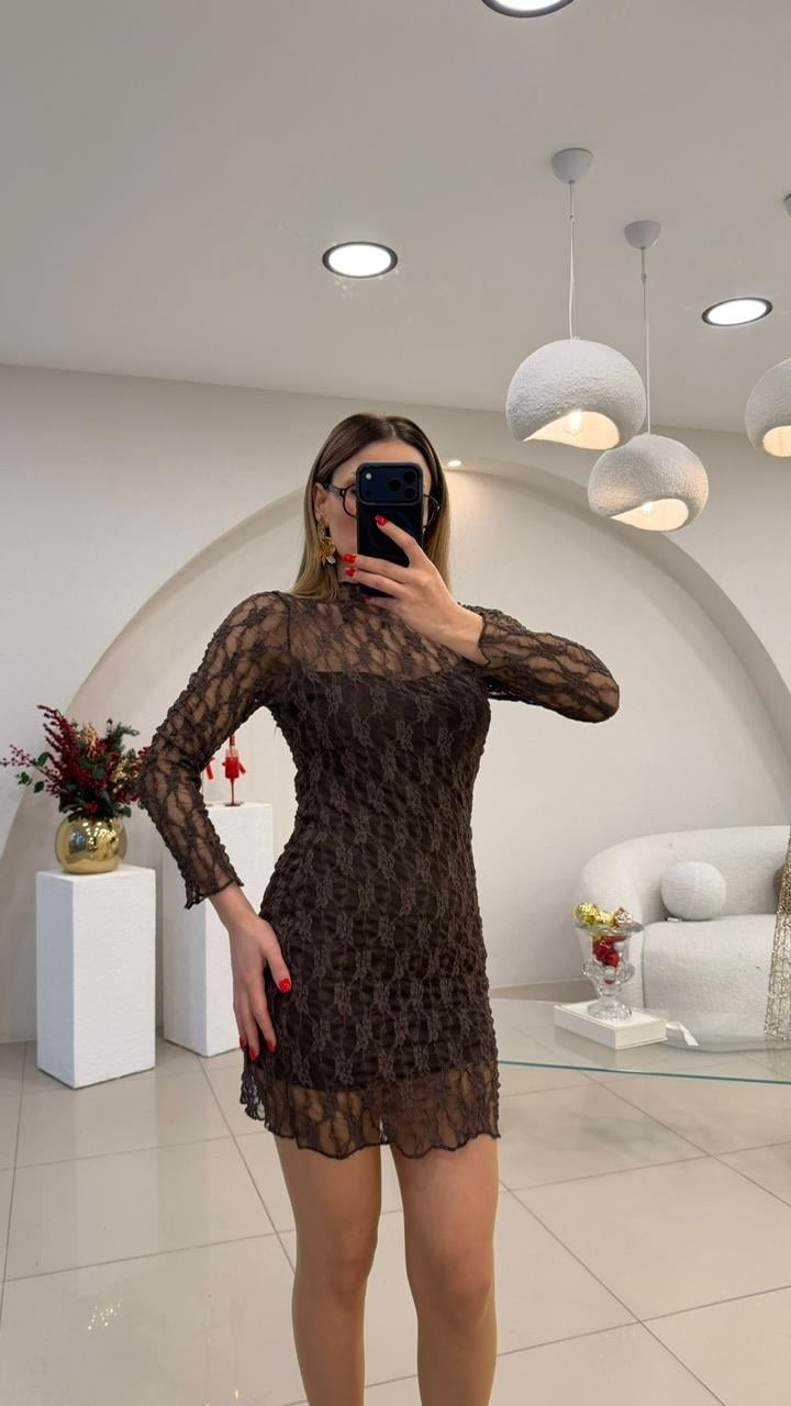 TASARIM MİNİ TÜL ELBİSE KAHVE