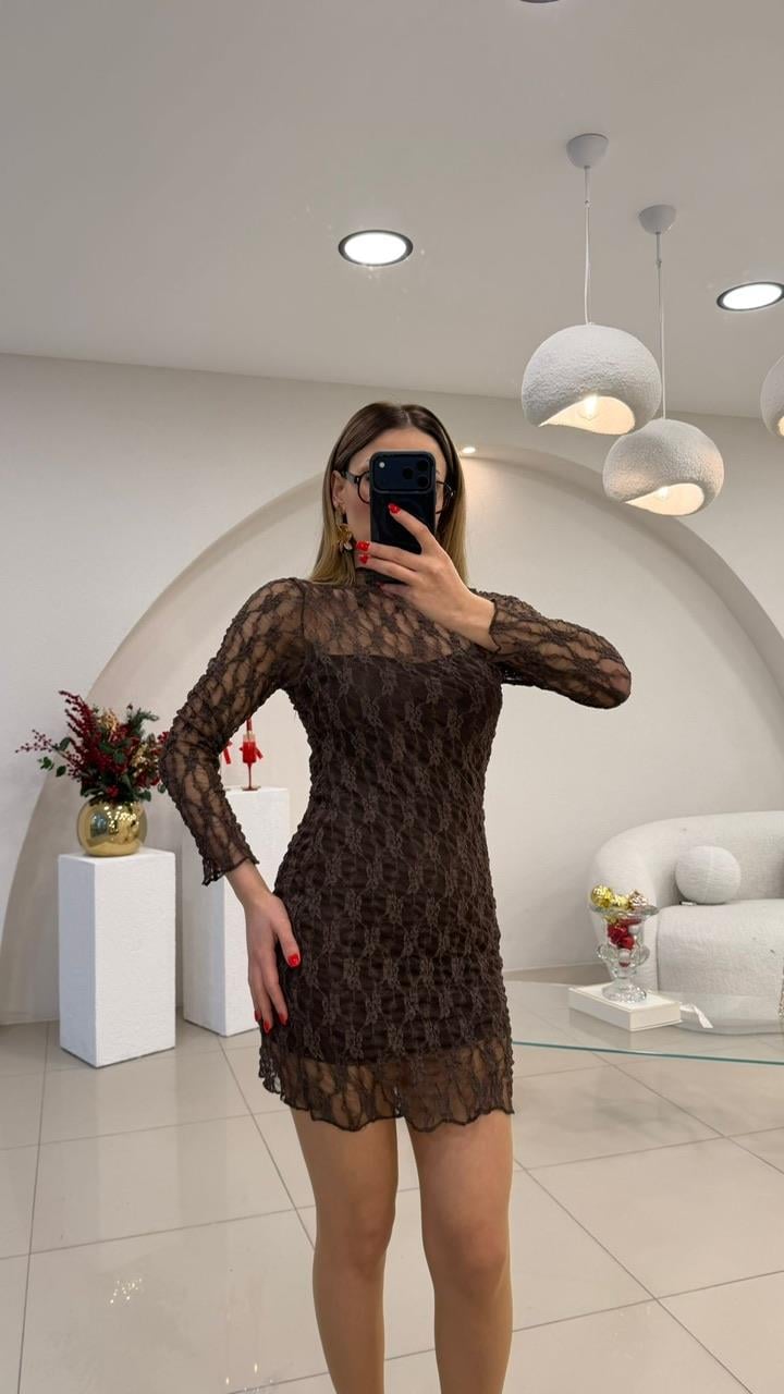 TASARIM MİNİ TÜL ELBİSE KAHVE