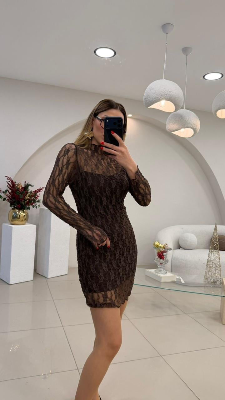 TASARIM MİNİ TÜL ELBİSE KAHVE