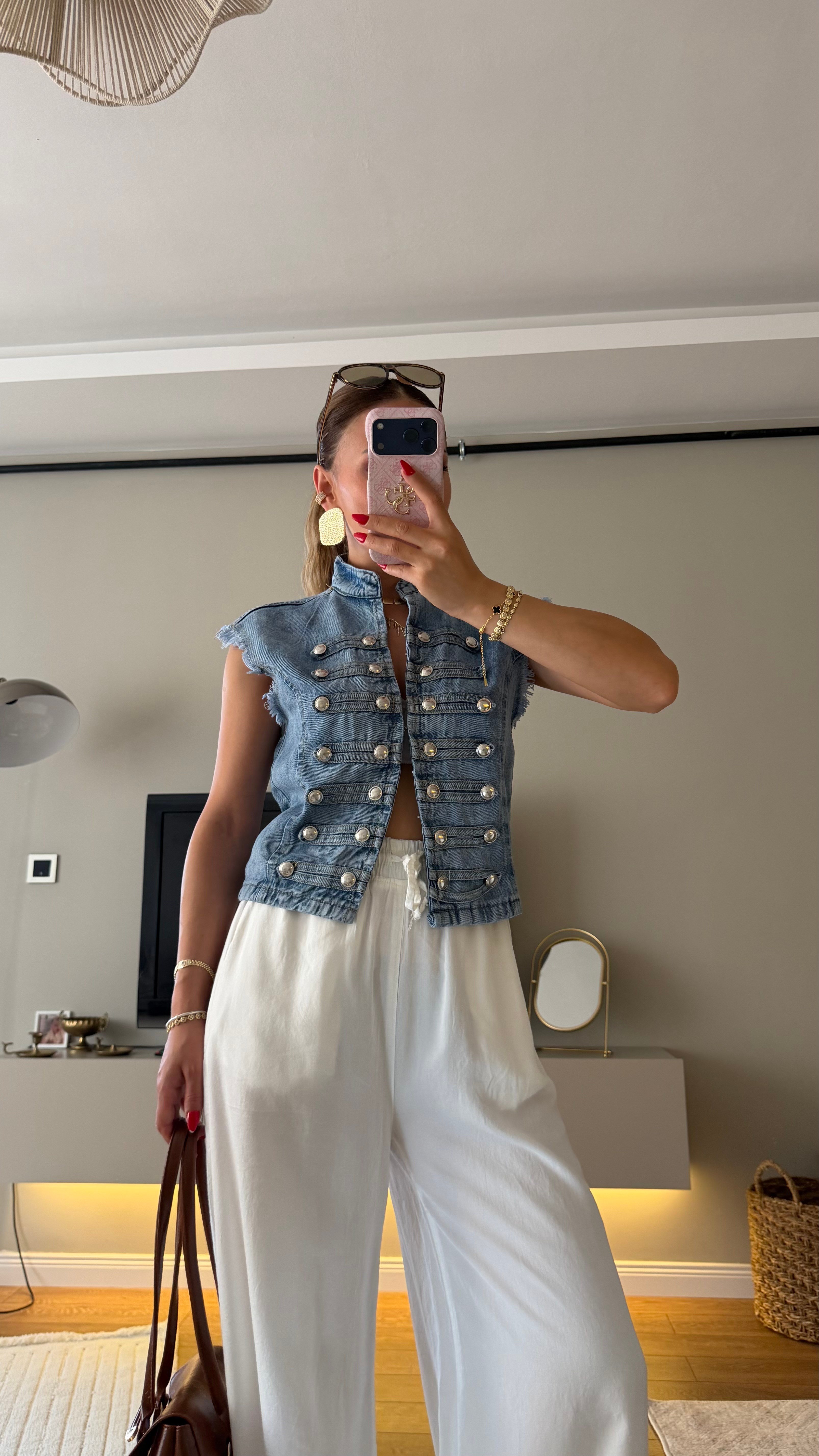 Tasarım Napolyon Tarz Denim Yelek