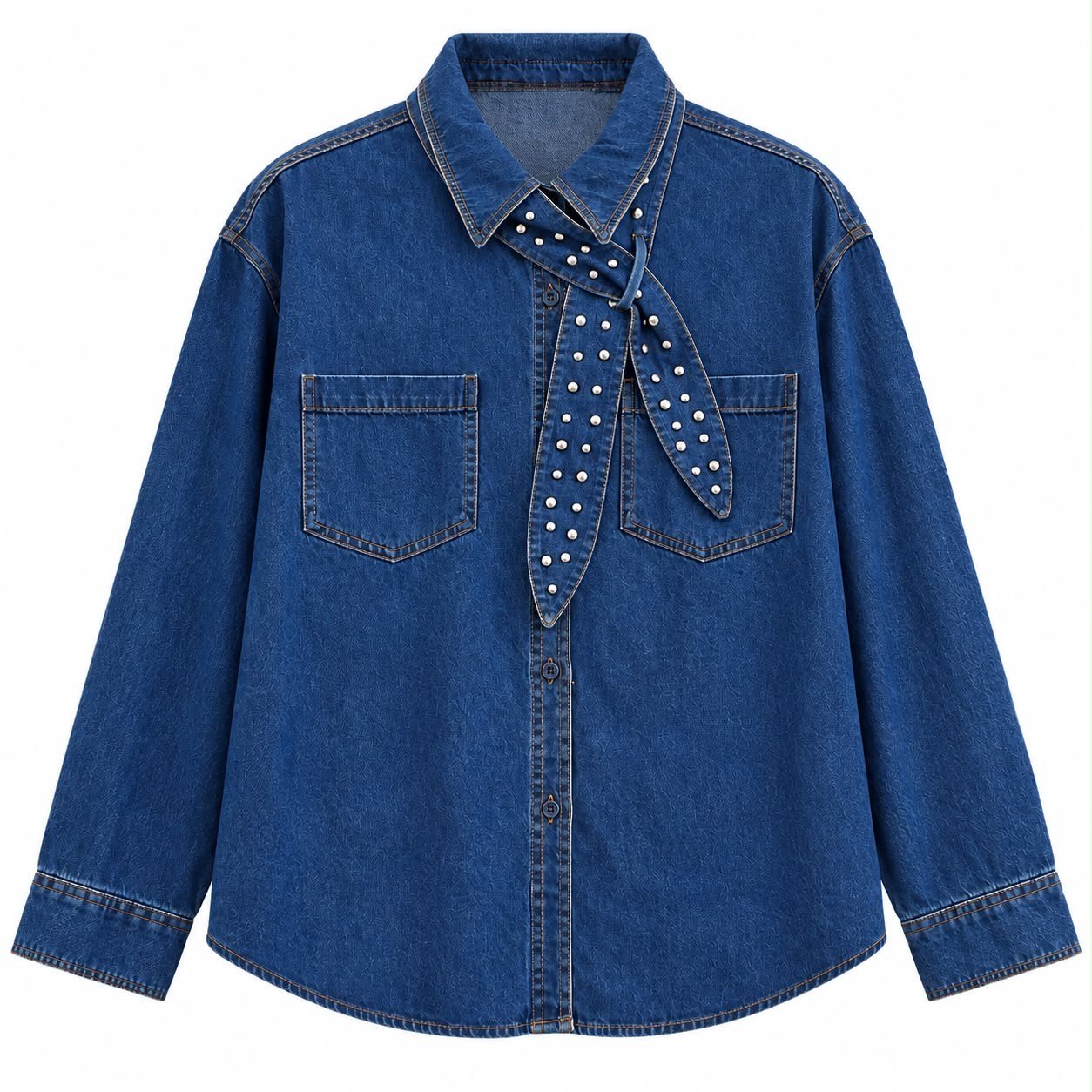 Tasarım Taş Detaylı Fularlı Denim Gömlek