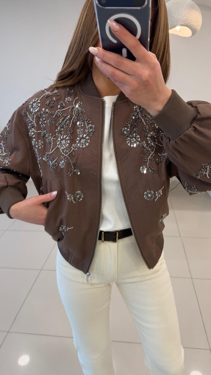 TASARIM TAŞLI BOMBER CEKET KAHVE