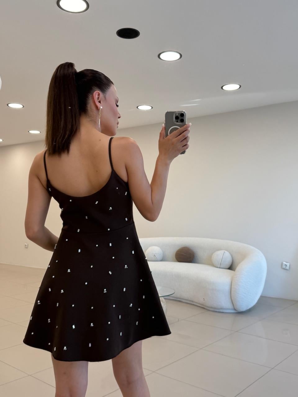 TAŞLI İP ASKILI ELBİSE KAHVE