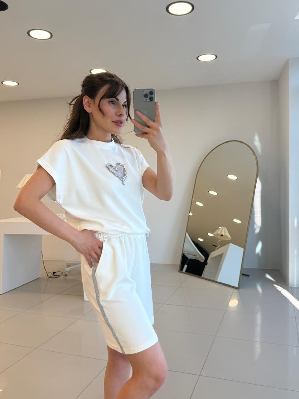 TAŞLI KALP DETAYLI ŞORT TAKIM BEYAZ