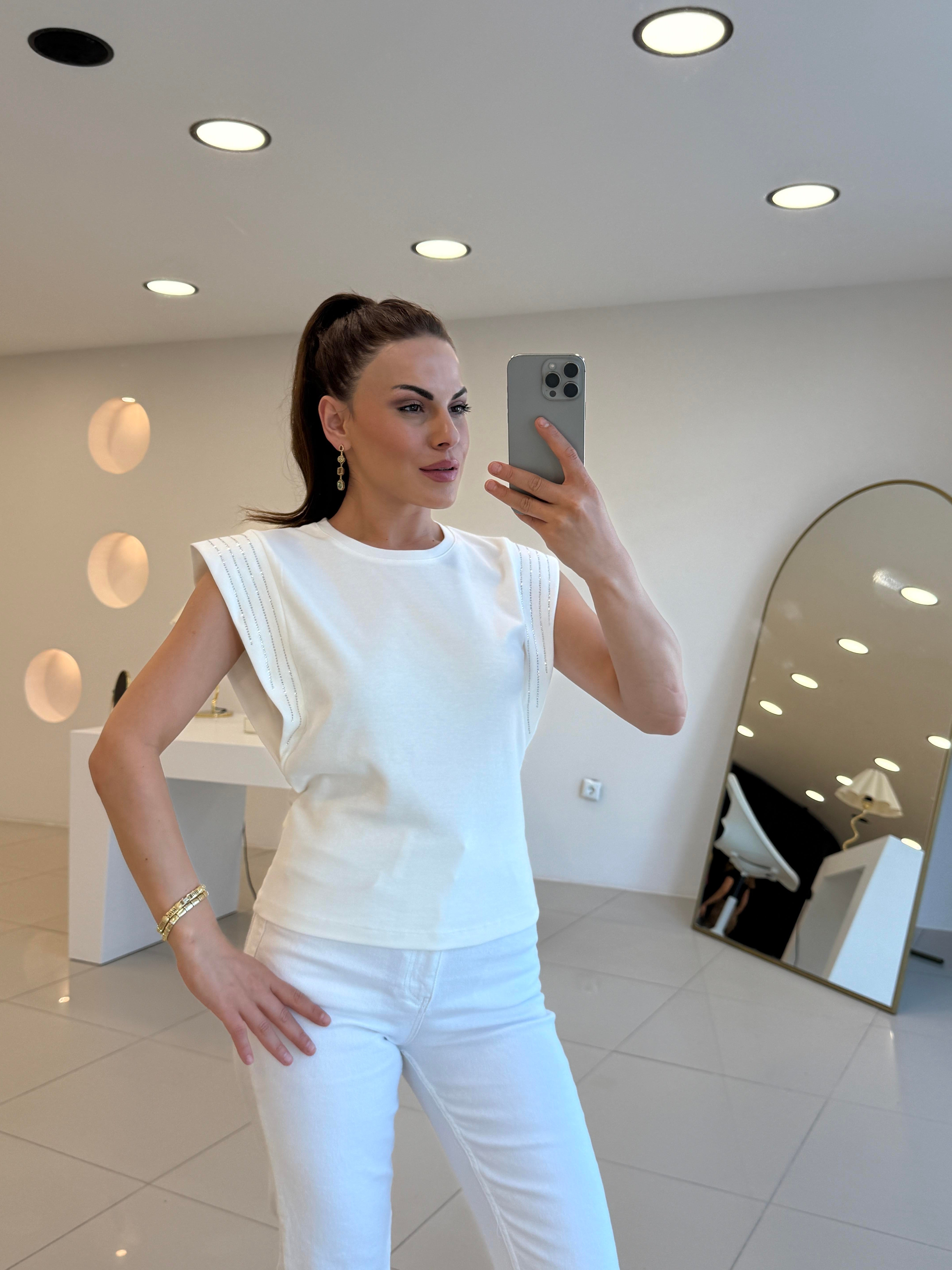 TAŞLI KOLSUZ TSHIRT BEYAZ