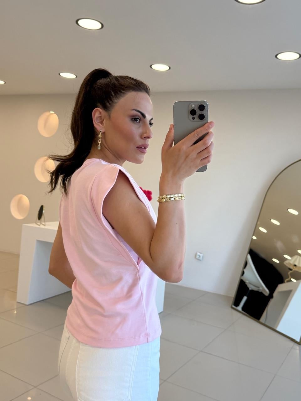 TAŞLI KOLSUZ TSHIRT PEMBE