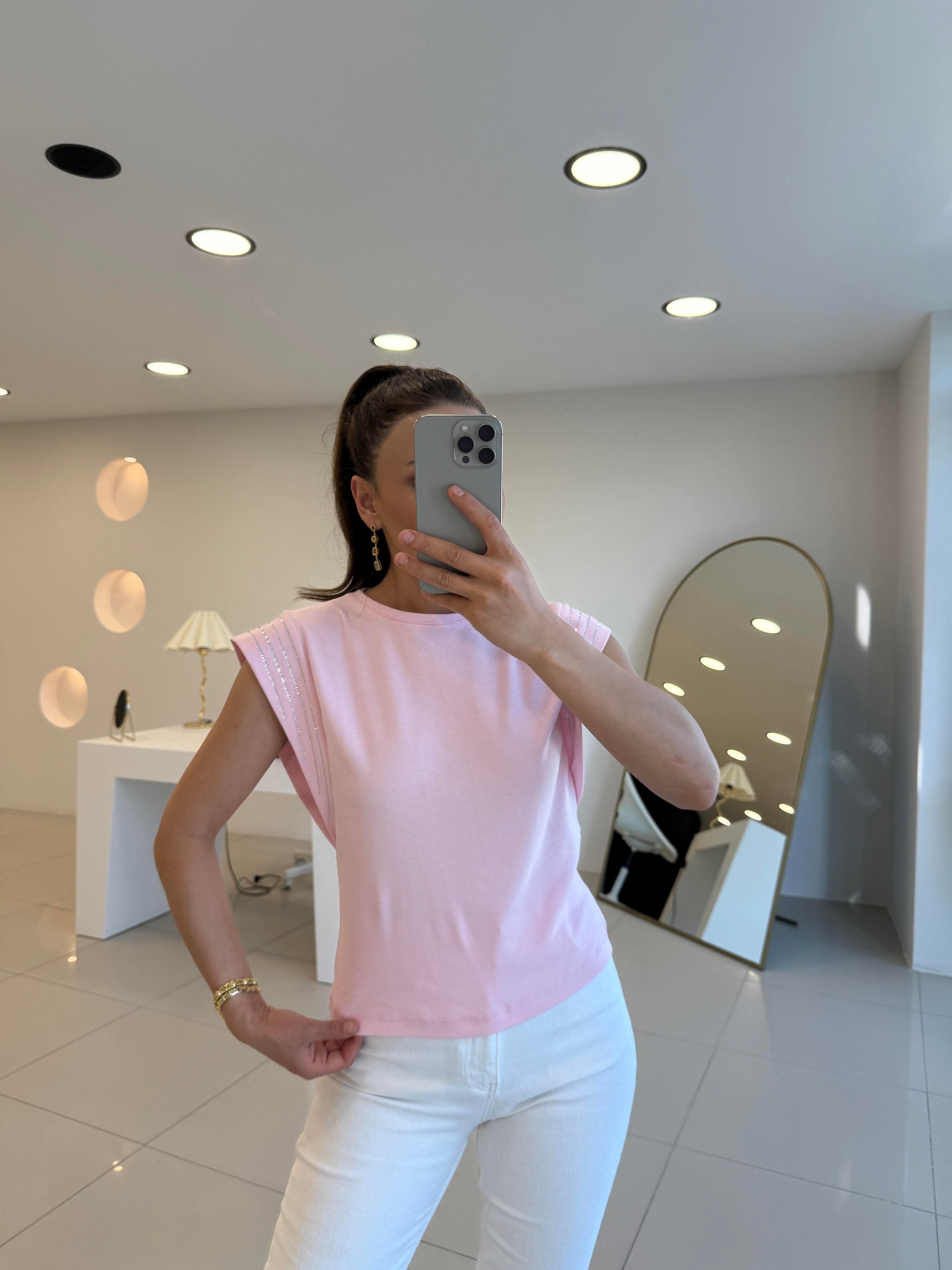 TAŞLI KOLSUZ TSHIRT PEMBE