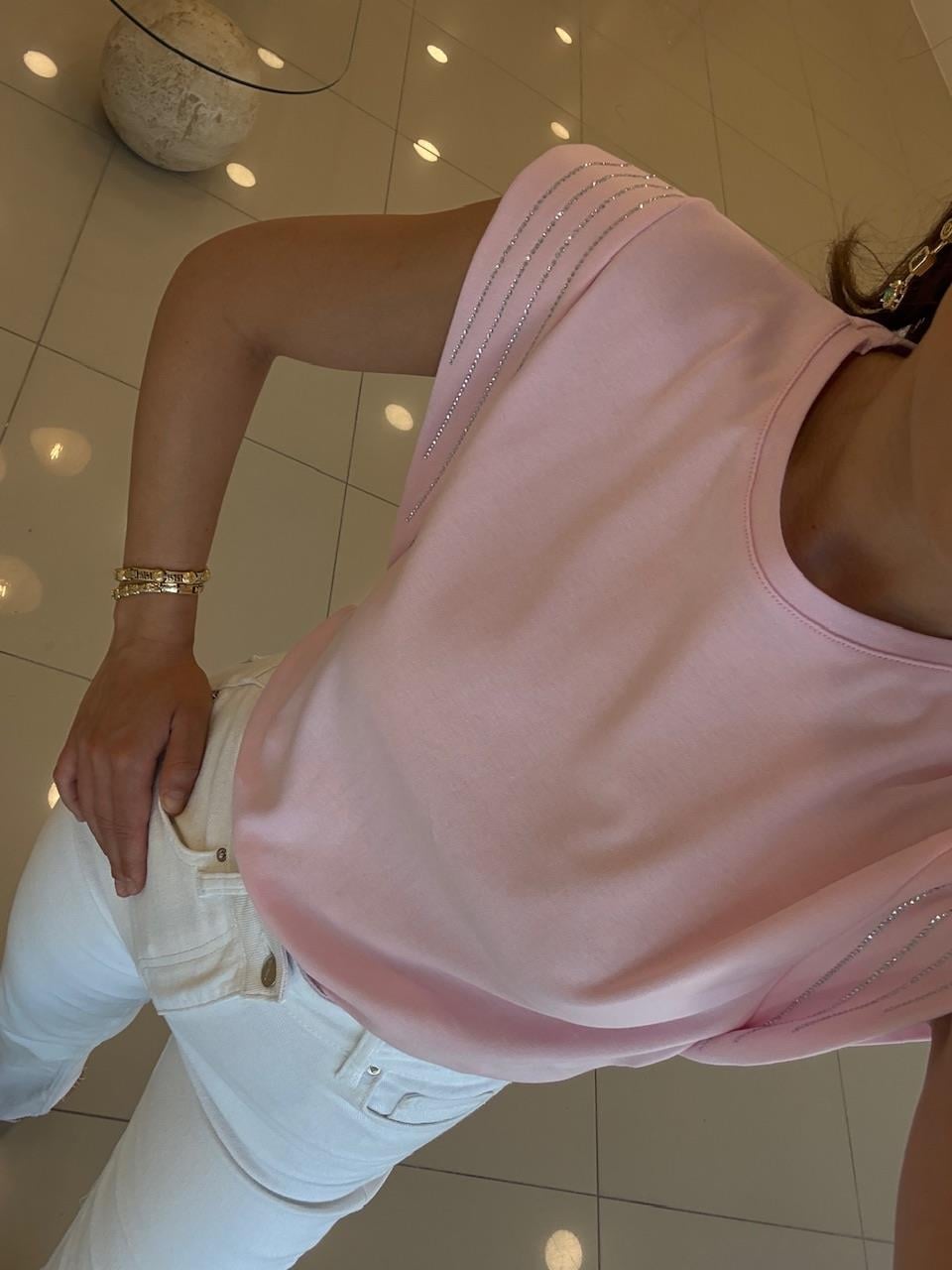 TAŞLI KOLSUZ TSHIRT PEMBE