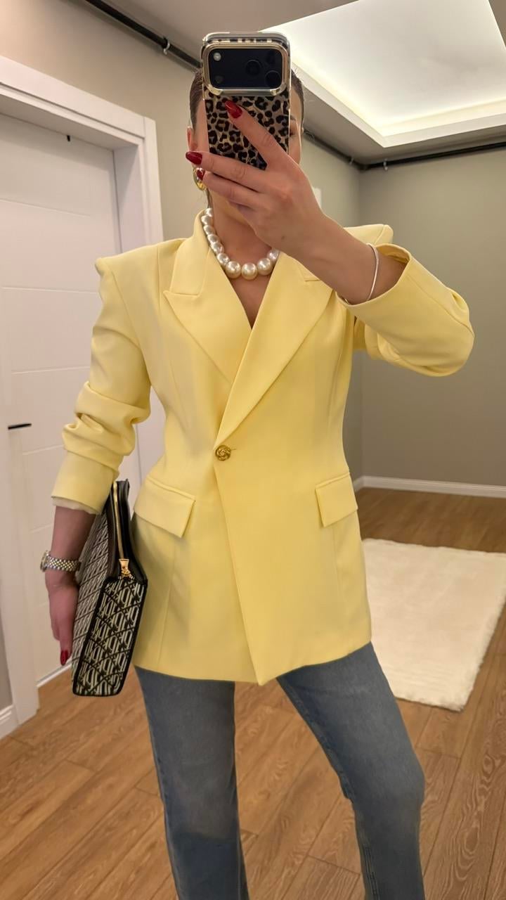 TEK DÜĞMELİ VATKALI BLAZER CEKET SARI 