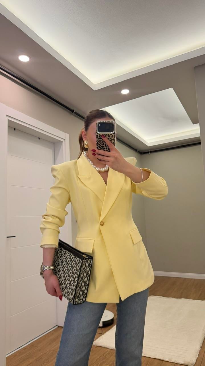 TEK DÜĞMELİ VATKALI BLAZER CEKET SARI 