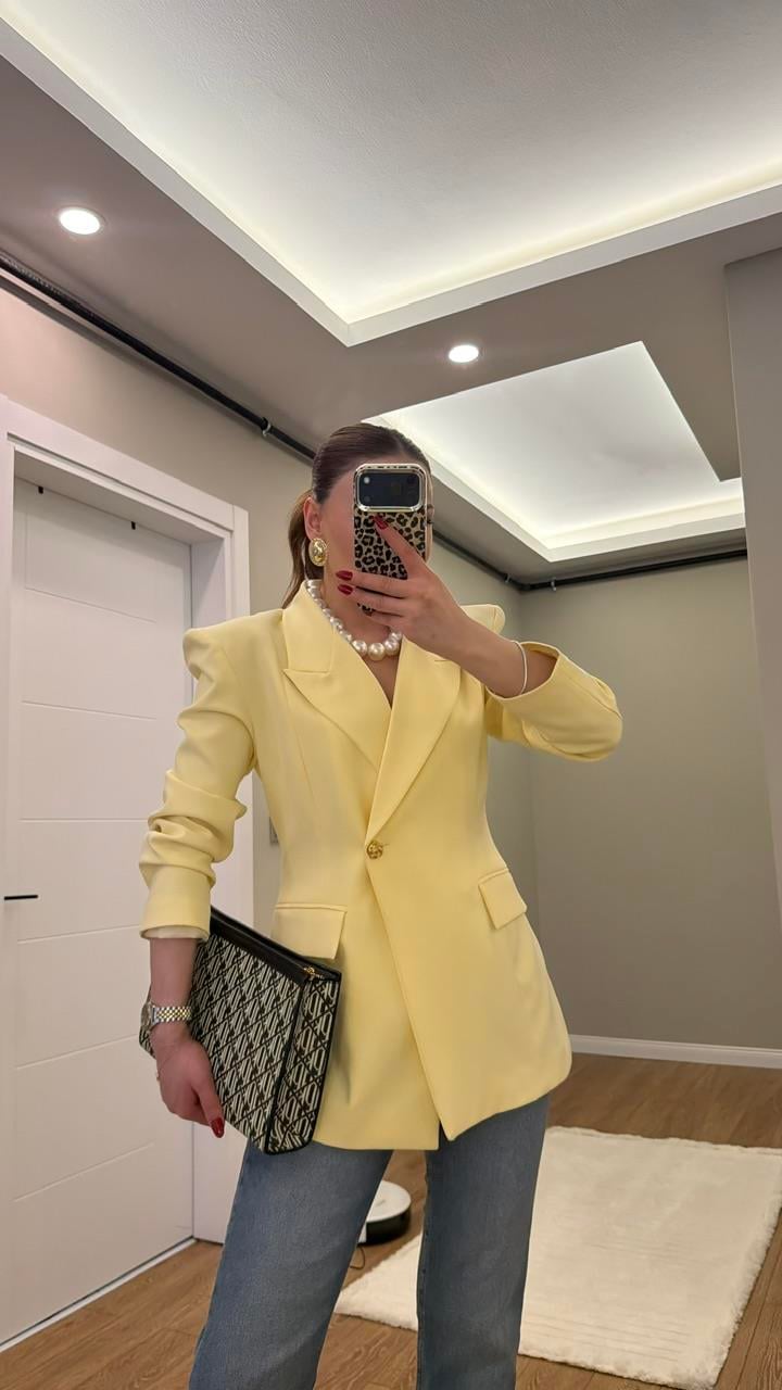 TEK DÜĞMELİ VATKALI BLAZER CEKET SARI 