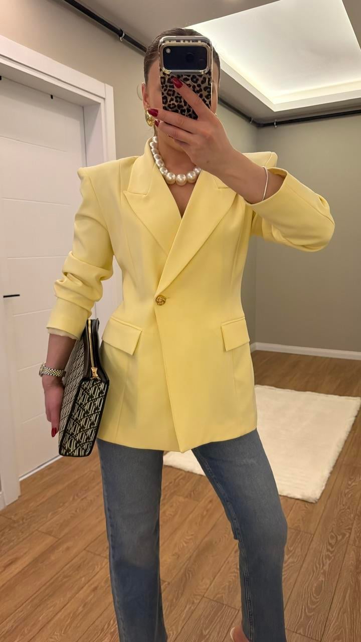 TEK DÜĞMELİ VATKALI BLAZER CEKET SARI 