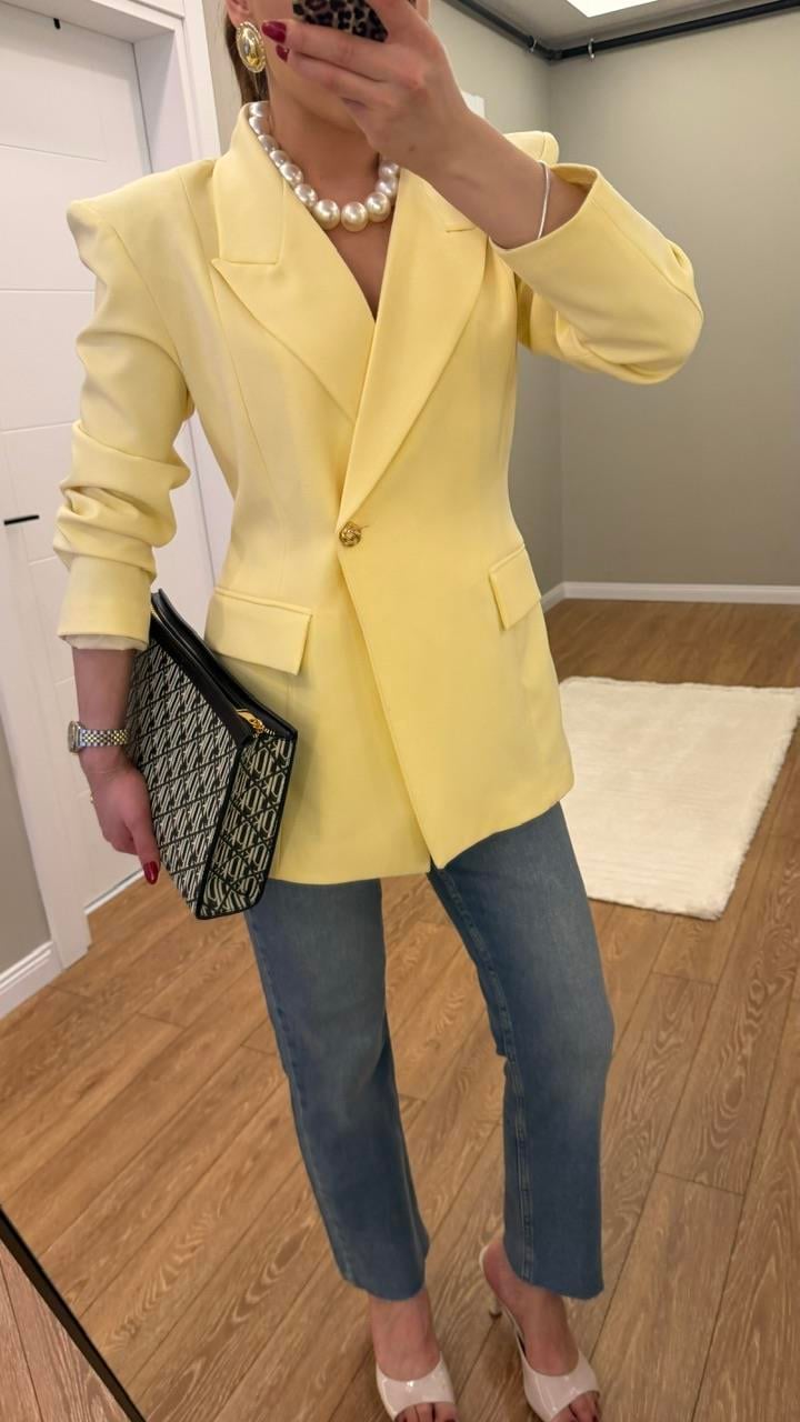 TEK DÜĞMELİ VATKALI BLAZER CEKET SARI 
