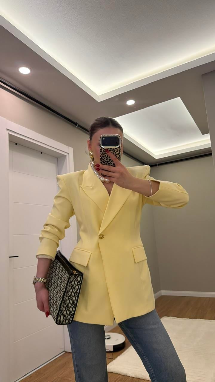 TEK DÜĞMELİ VATKALI BLAZER CEKET SARI 