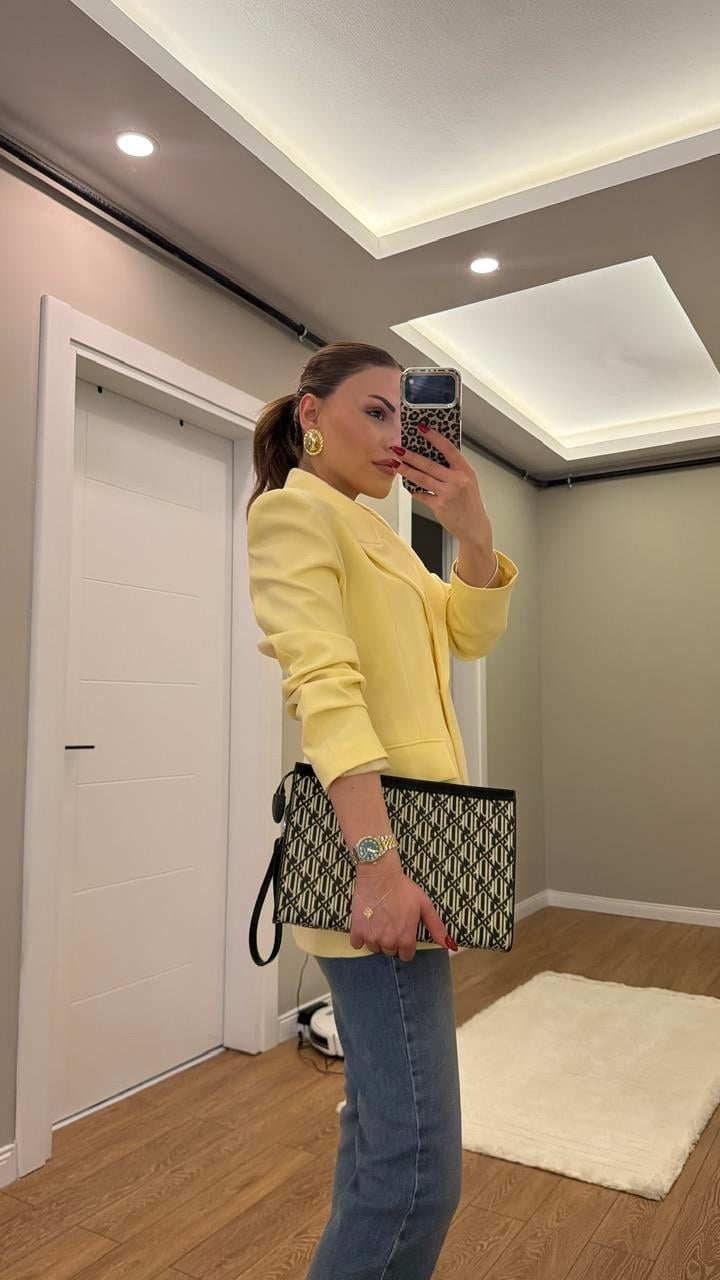 TEK DÜĞMELİ VATKALI BLAZER CEKET SARI 