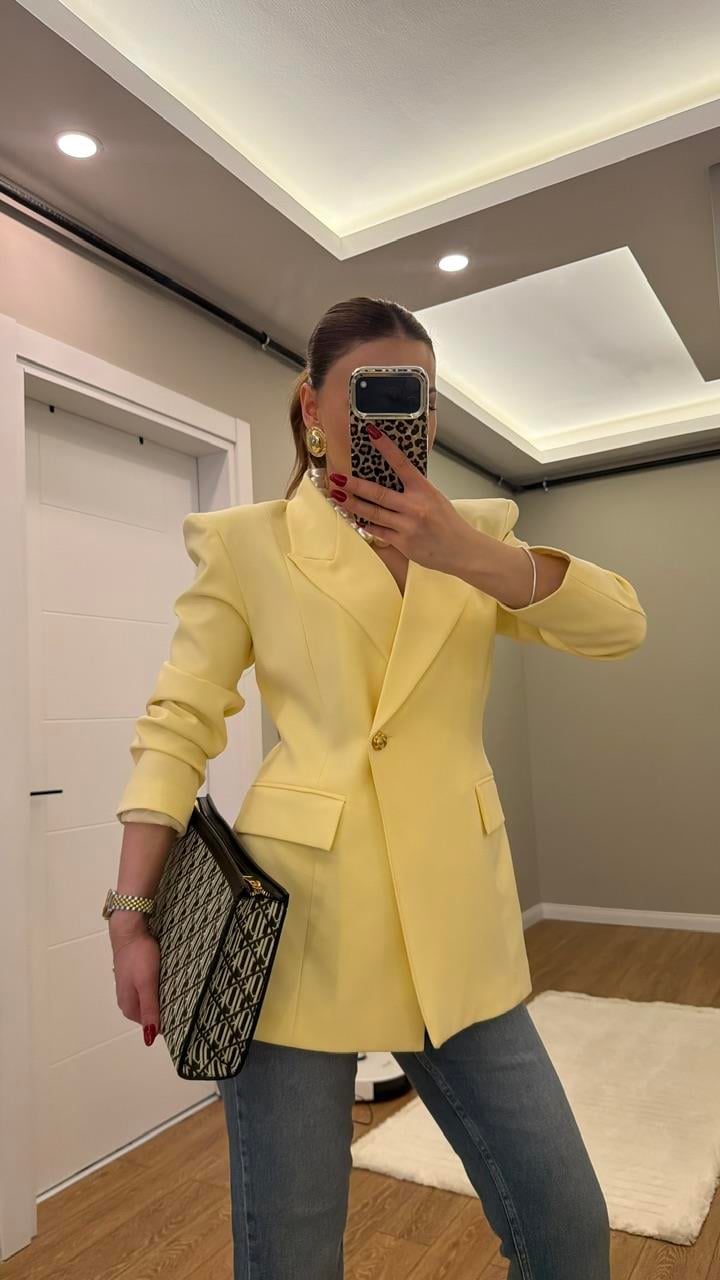 TEK DÜĞMELİ VATKALI BLAZER CEKET SARI 