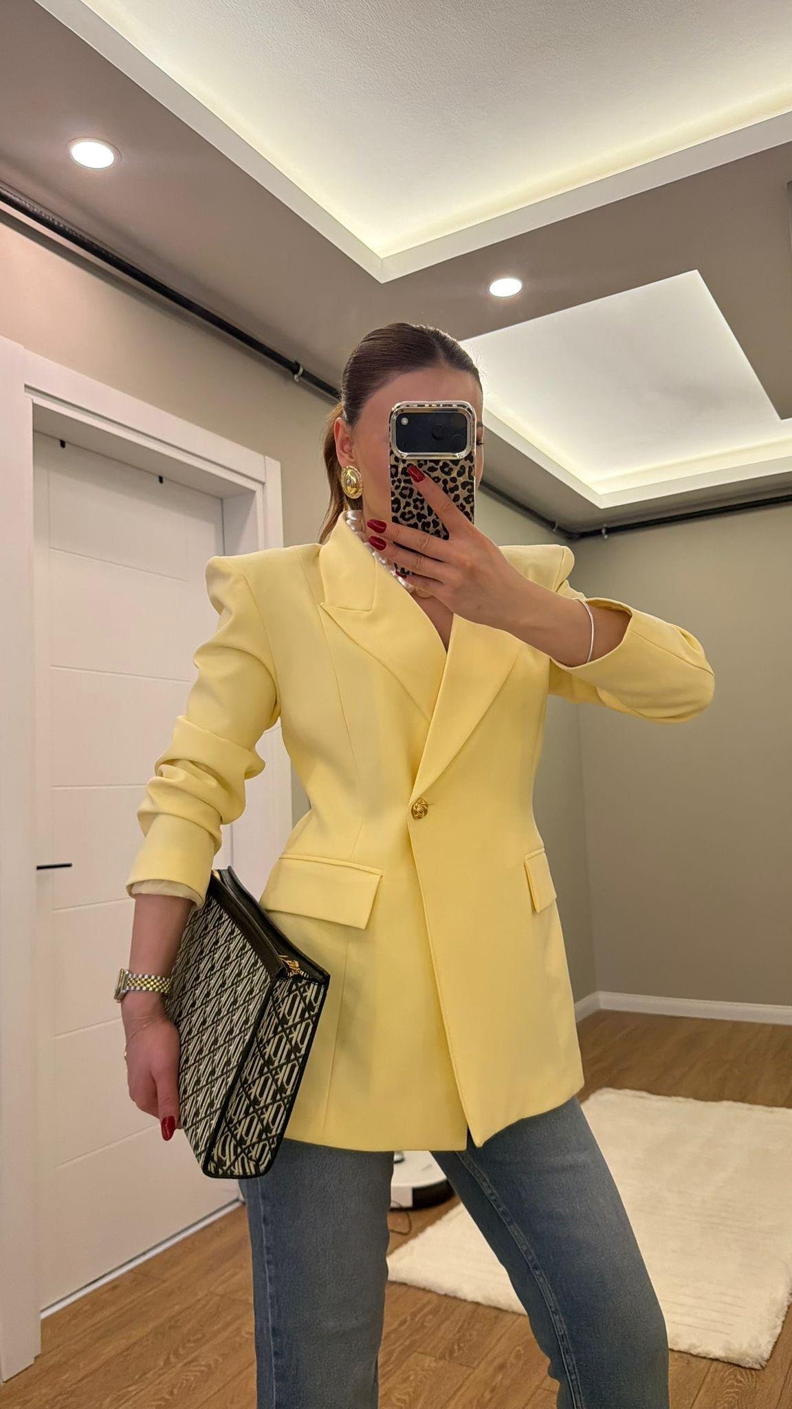 TEK DÜĞMELİ VATKALI BLAZER CEKET SARI 