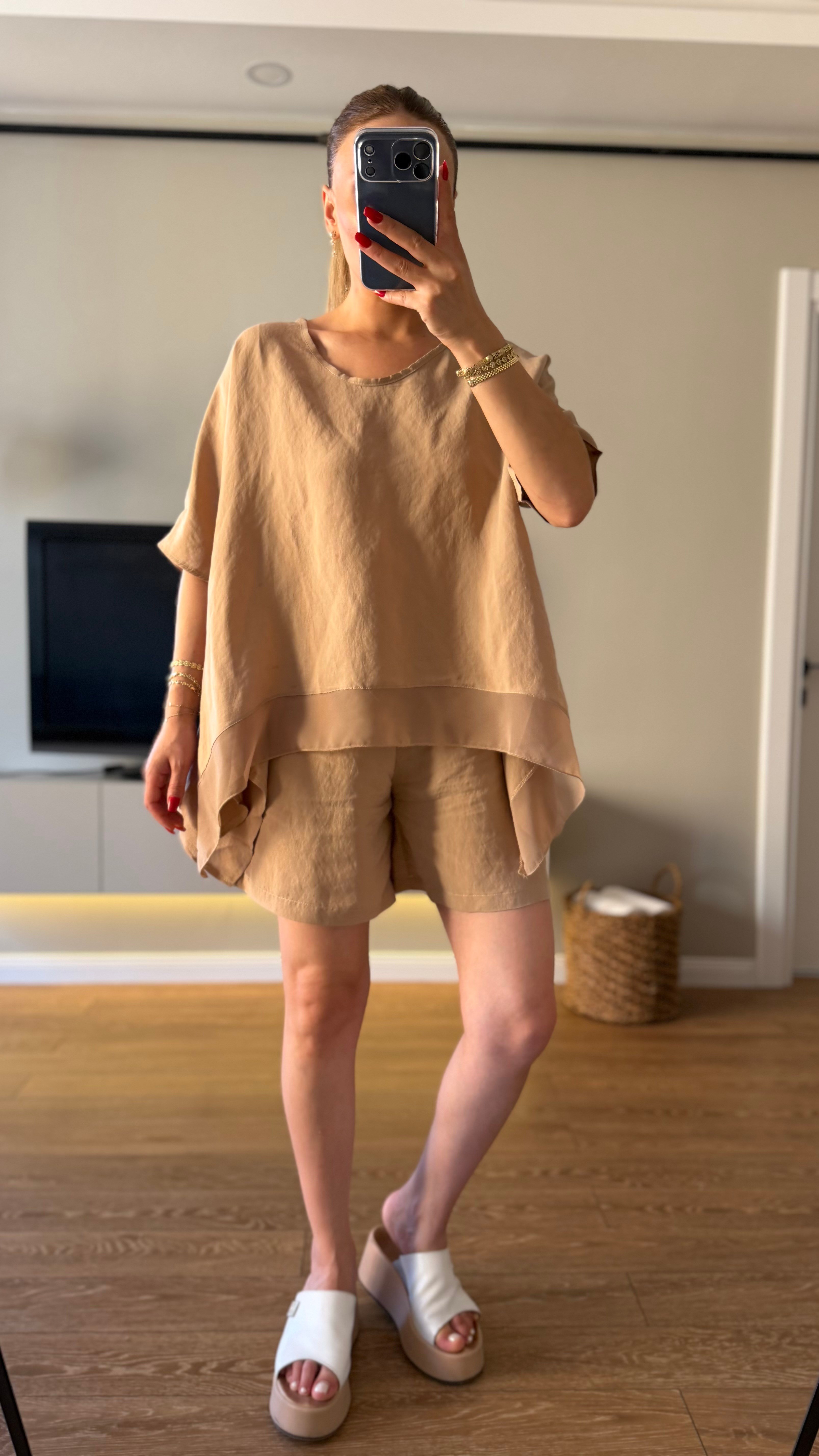 Tensel Bluz Şort Takım Camel