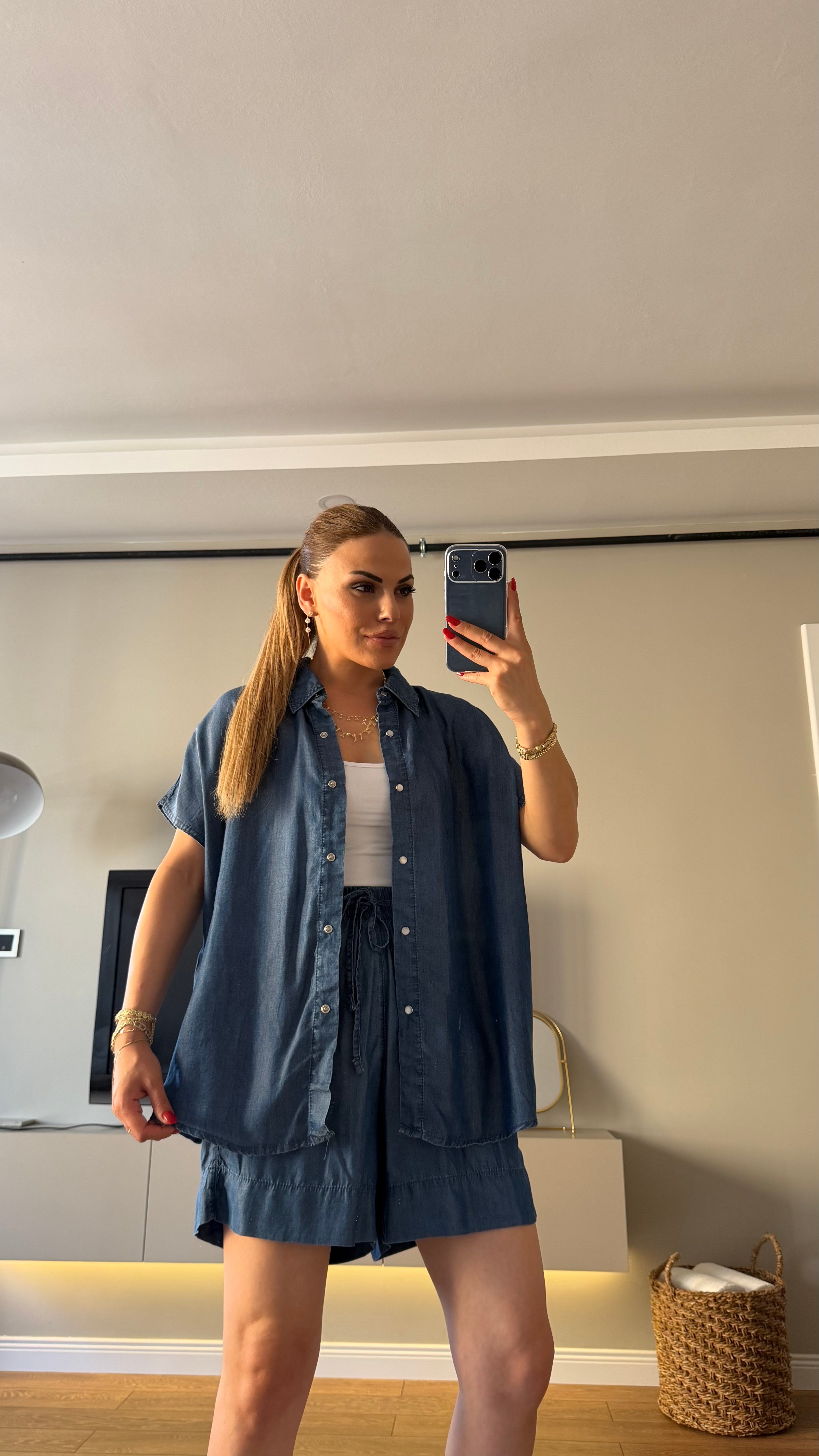 Tensel Gömlek Şort Takım Jean Mavi