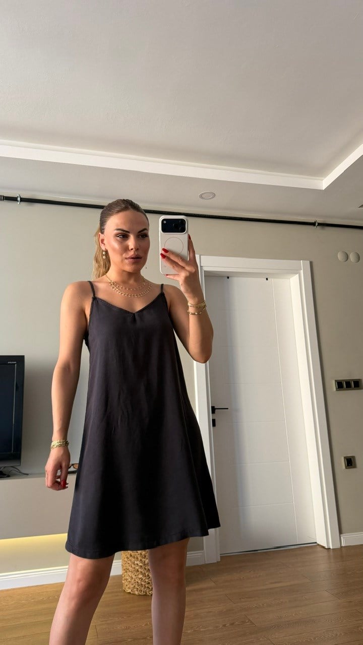 Tensel İp Askılı Kısa  Elbise Antrasit