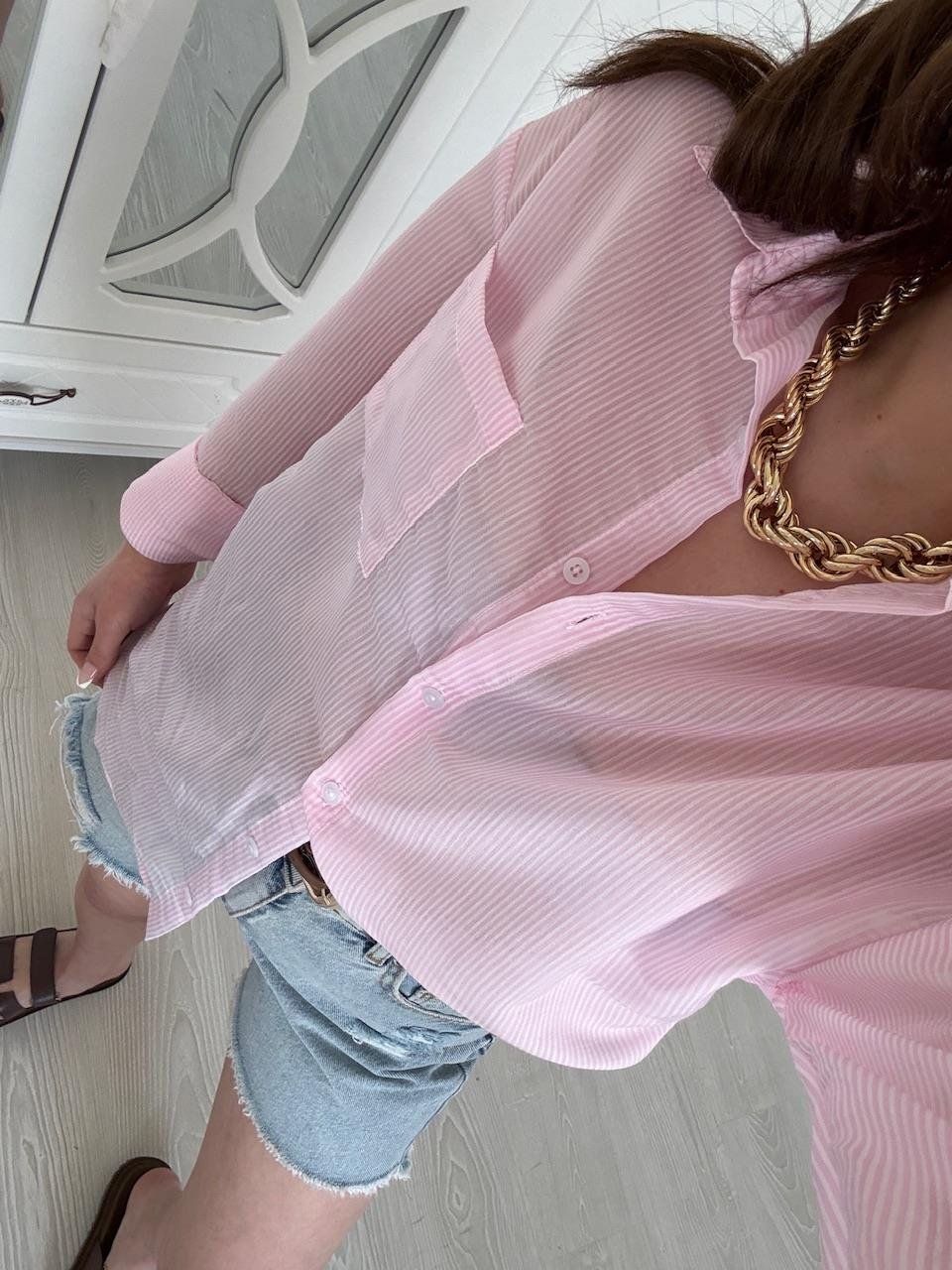 TRANSPARAN ÇİZGİLİ GÖMLEK PEMBE