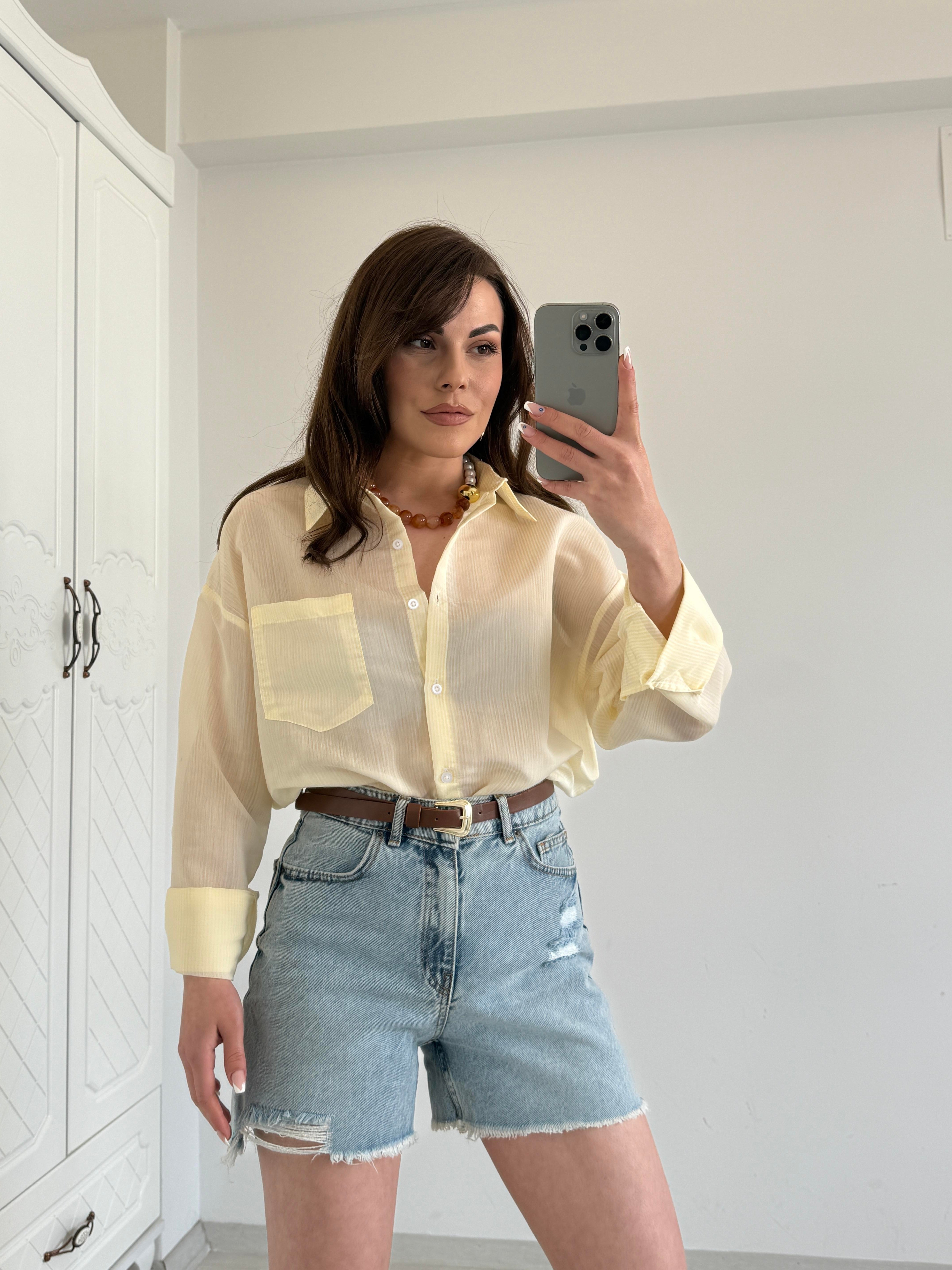 TRANSPARAN ÇİZGİLİ GÖMLEK SARI