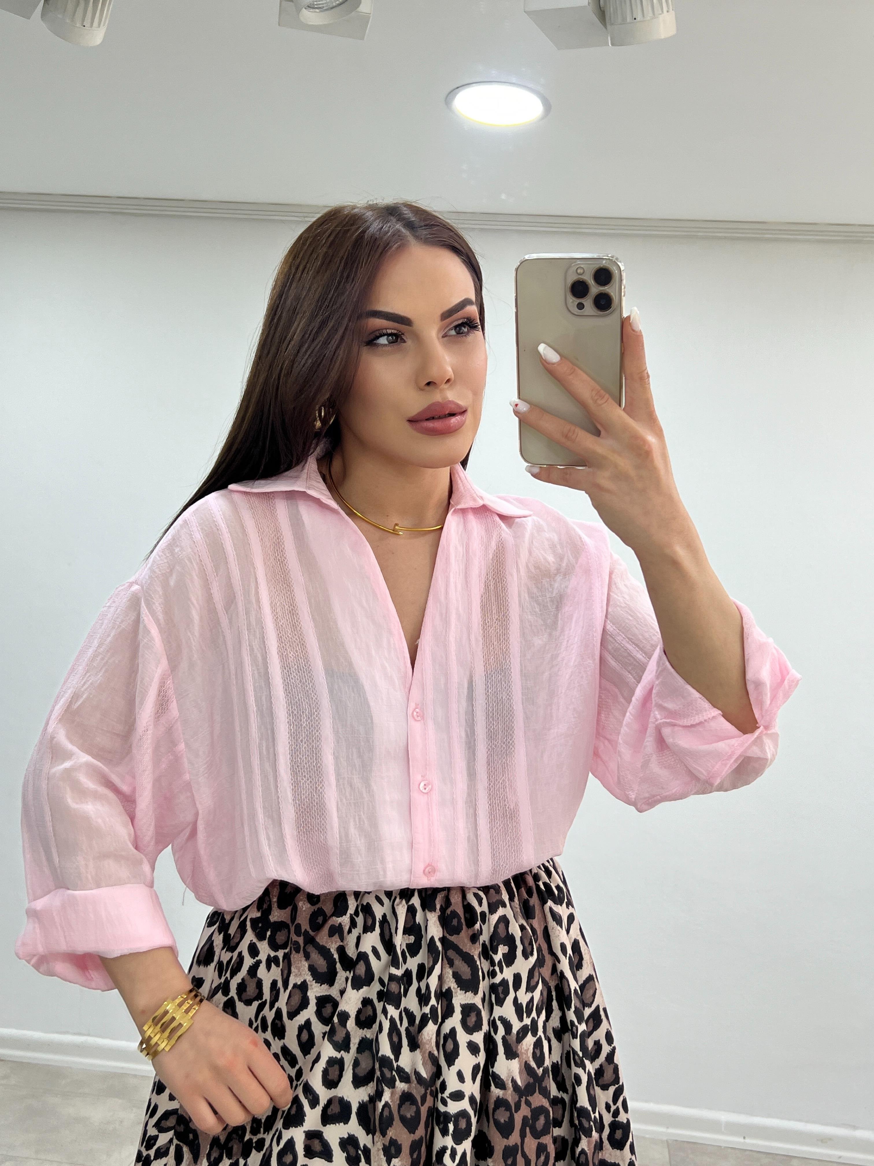 TRANSPARAN V YAKA PEMBE GÖMLEK