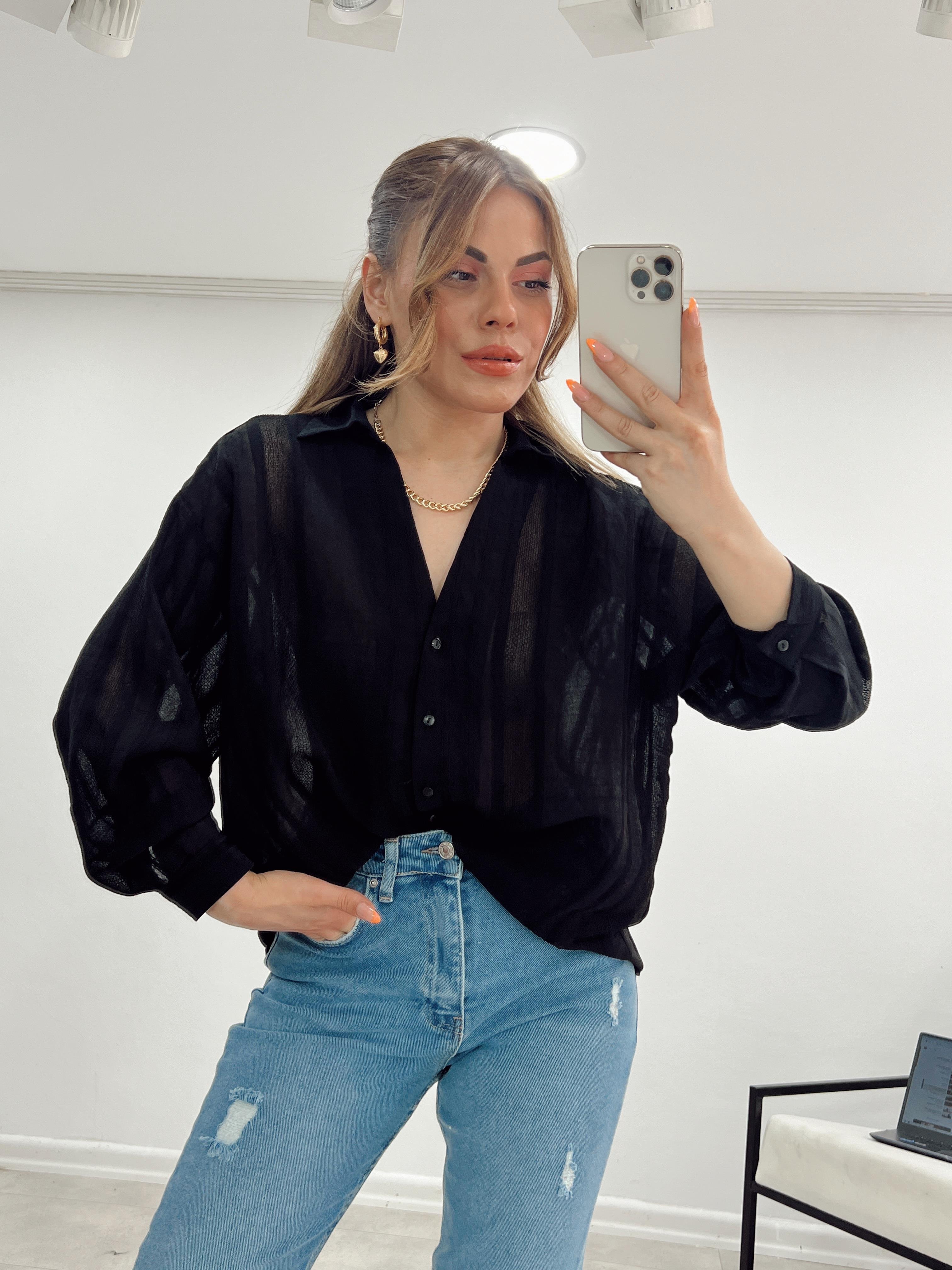 TRANSPARAN V YAKA SİYAH GÖMLEK