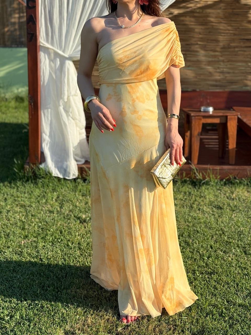 TURUNCU DRAPELİ TÜL ELBİSE