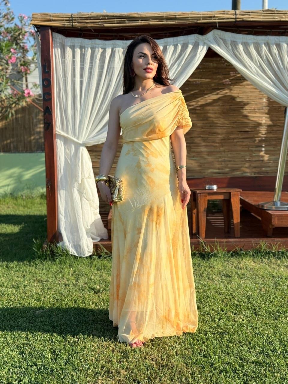 TURUNCU DRAPELİ TÜL ELBİSE