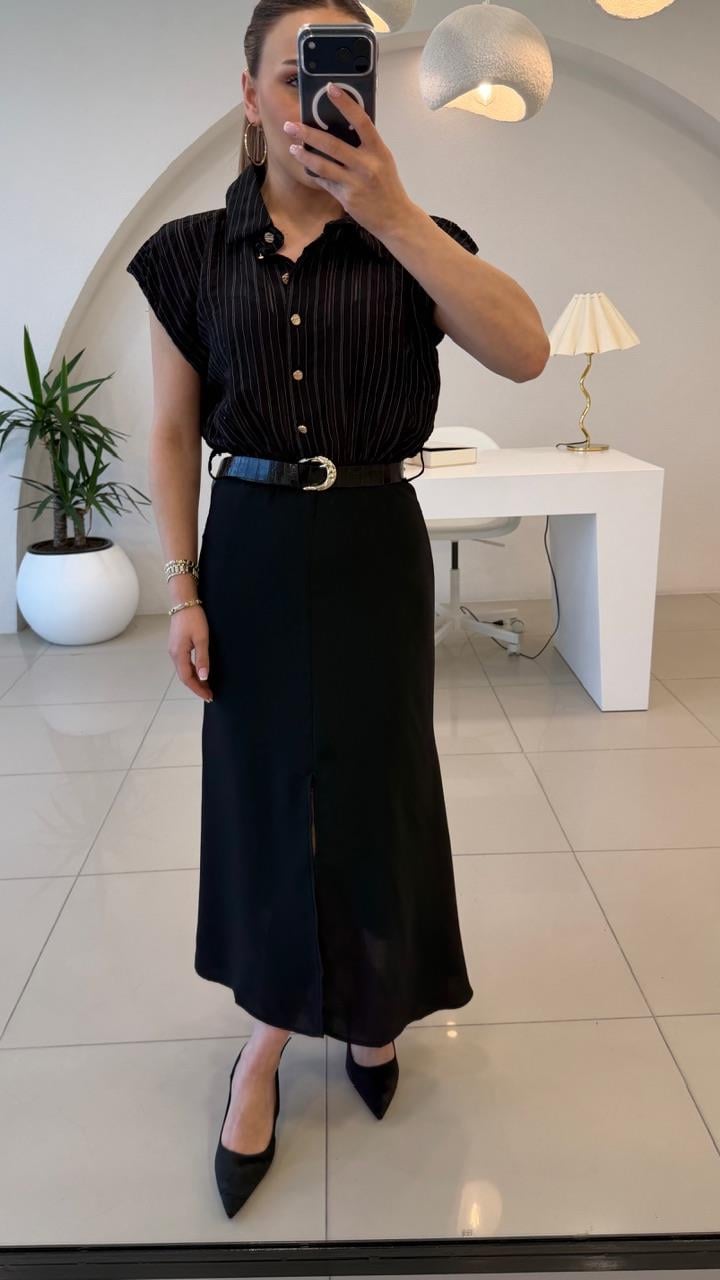 ÜST ÇİZGİLİ KEMERLİ PREMİUM ELBİSE SİYAH