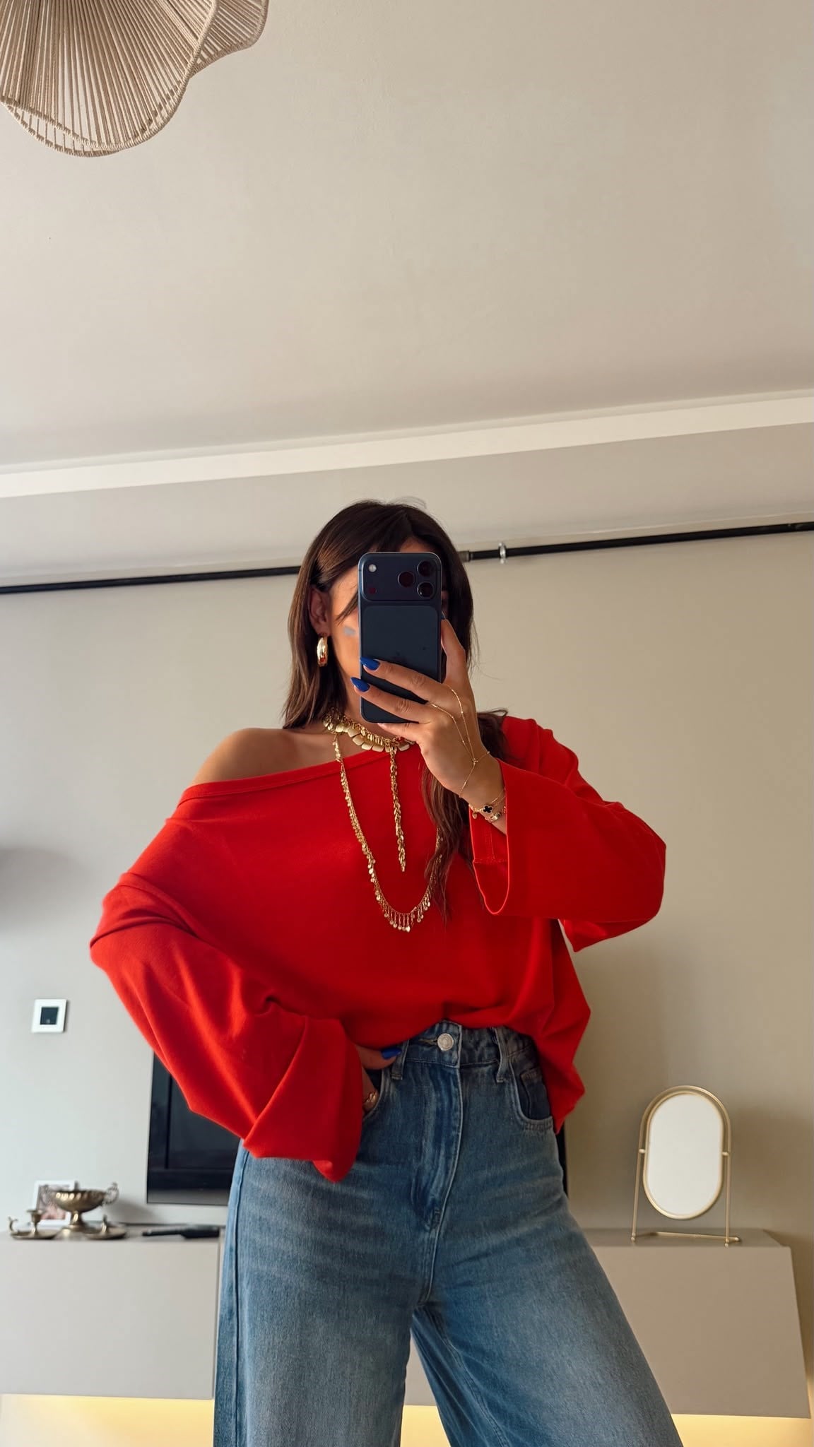 Uzun Kol Kayık Yaka Oversize Tshırt Kırmızı