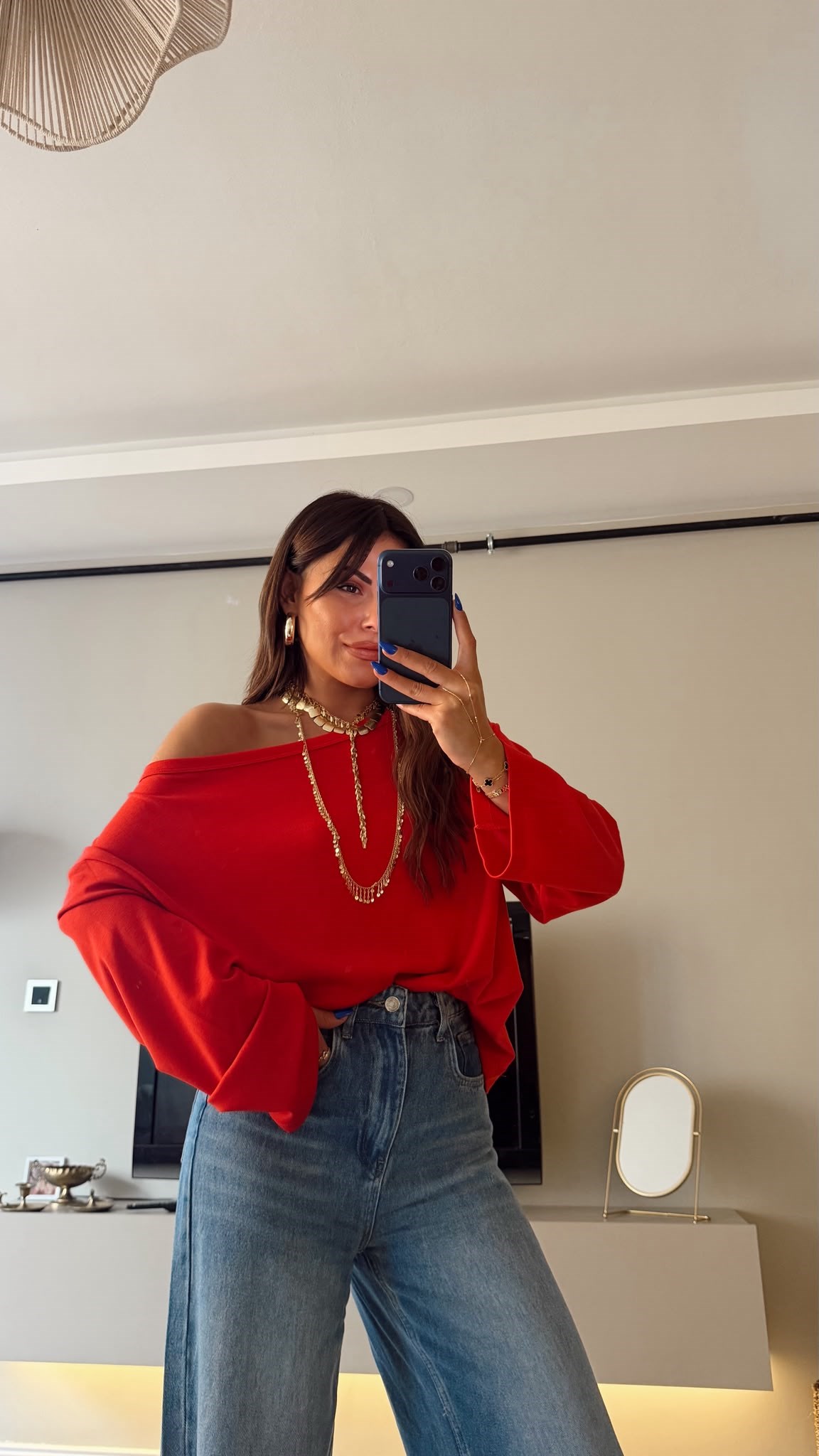 Uzun Kol Kayık Yaka Oversize Tshırt Kırmızı