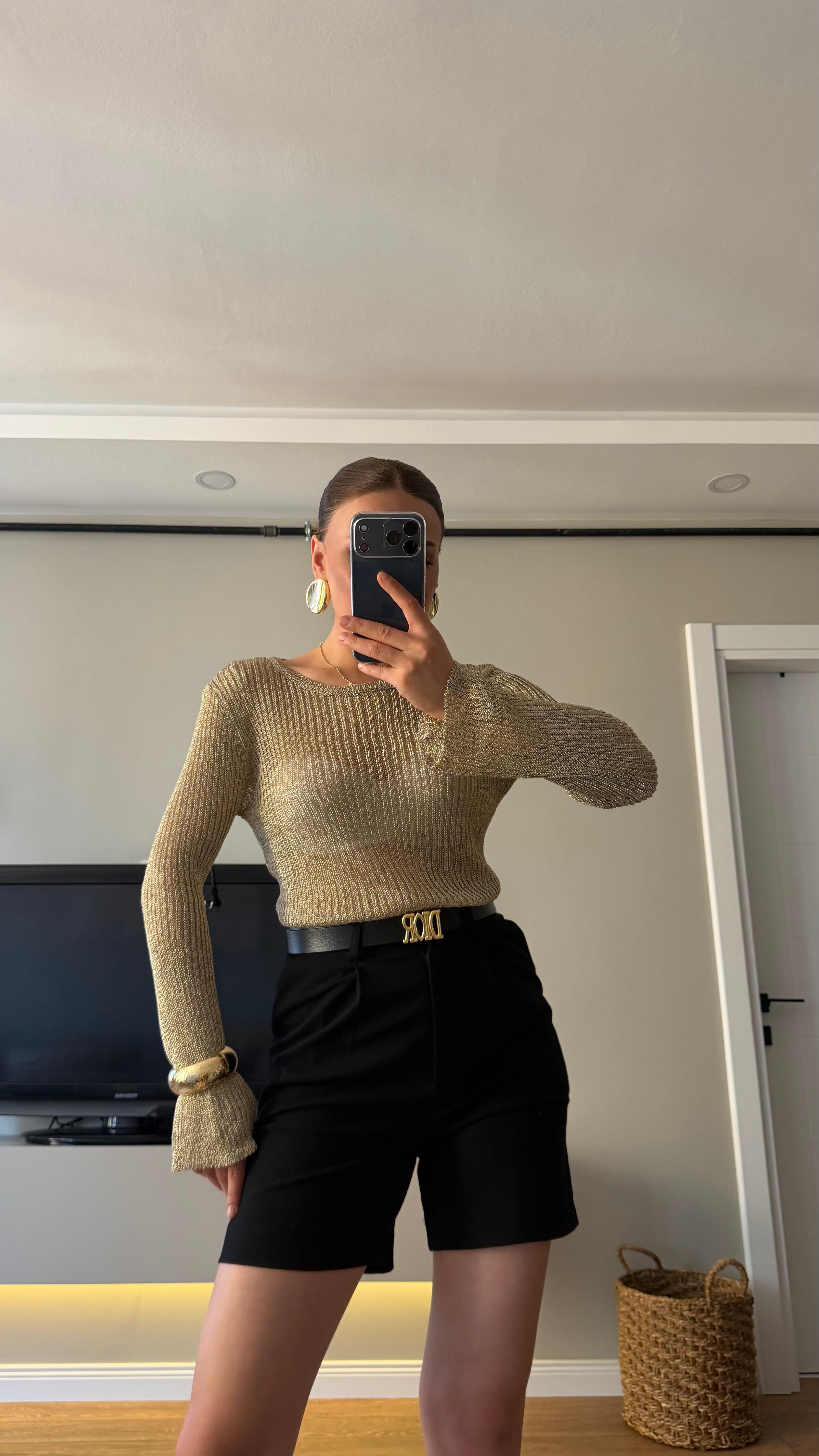 Uzun Kol Simli Bluz Gold