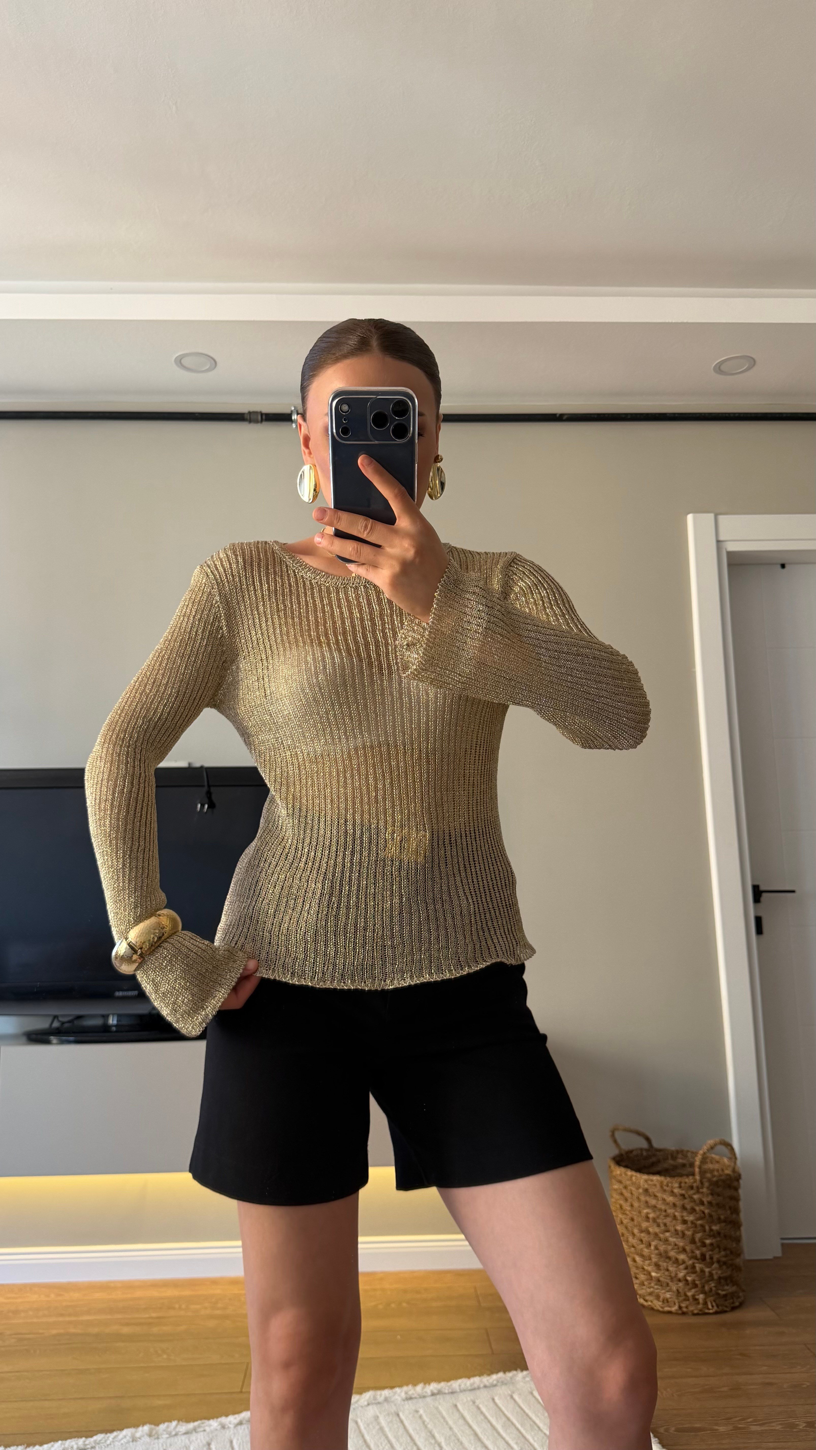 Uzun Kol Simli Bluz Gold