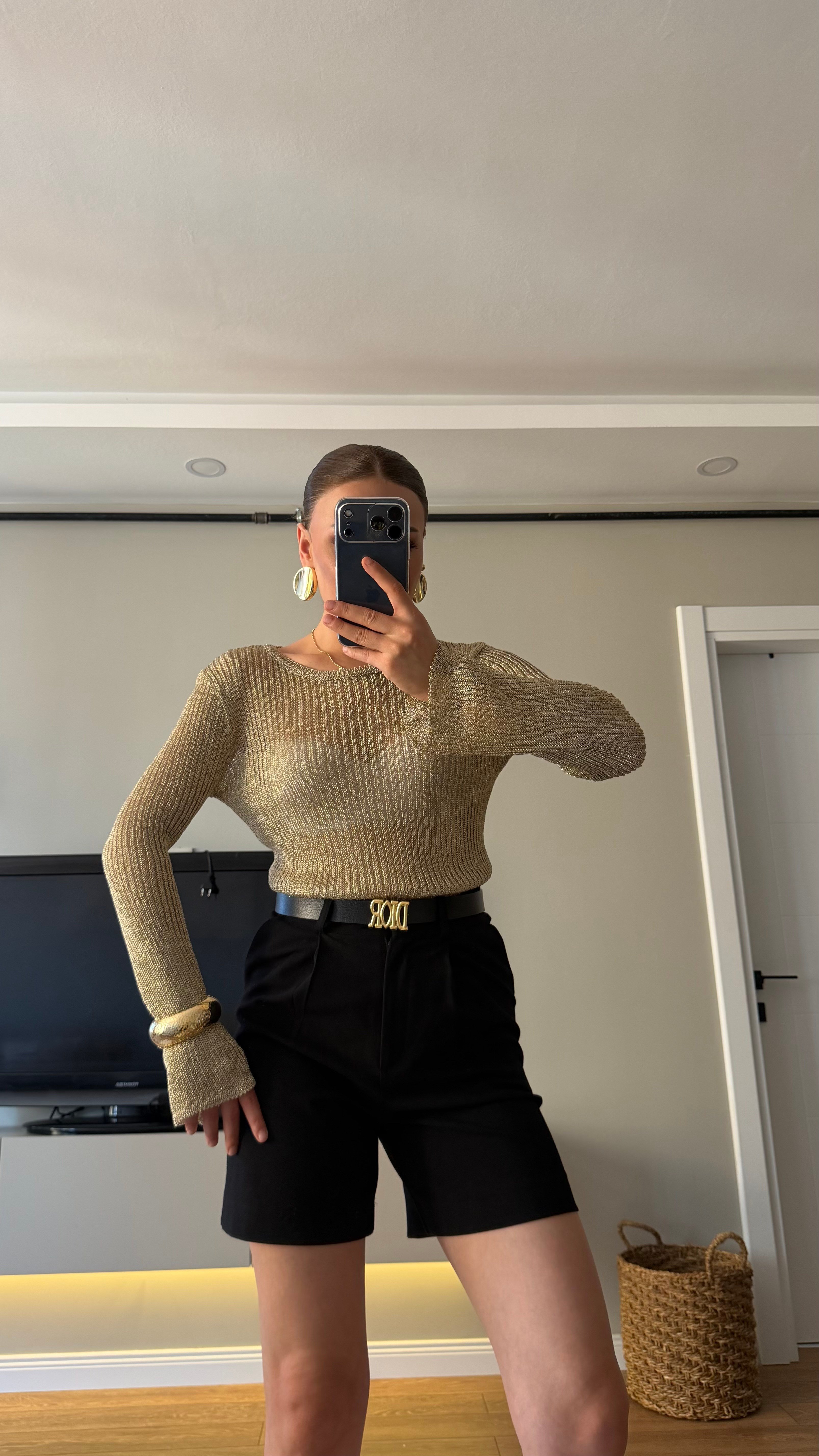 Uzun Kol Simli Bluz Gold