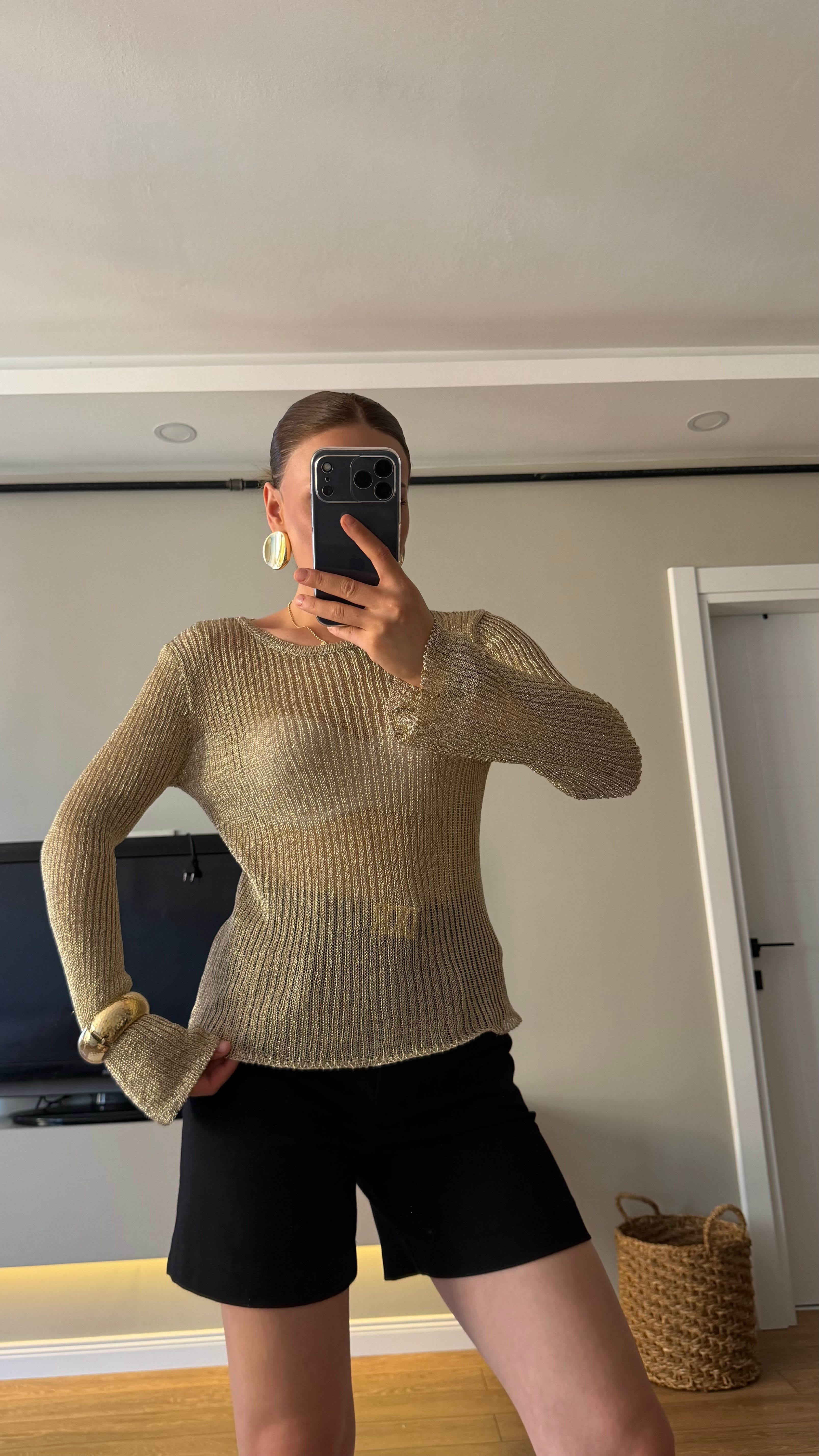 Uzun Kol Simli Bluz Gold