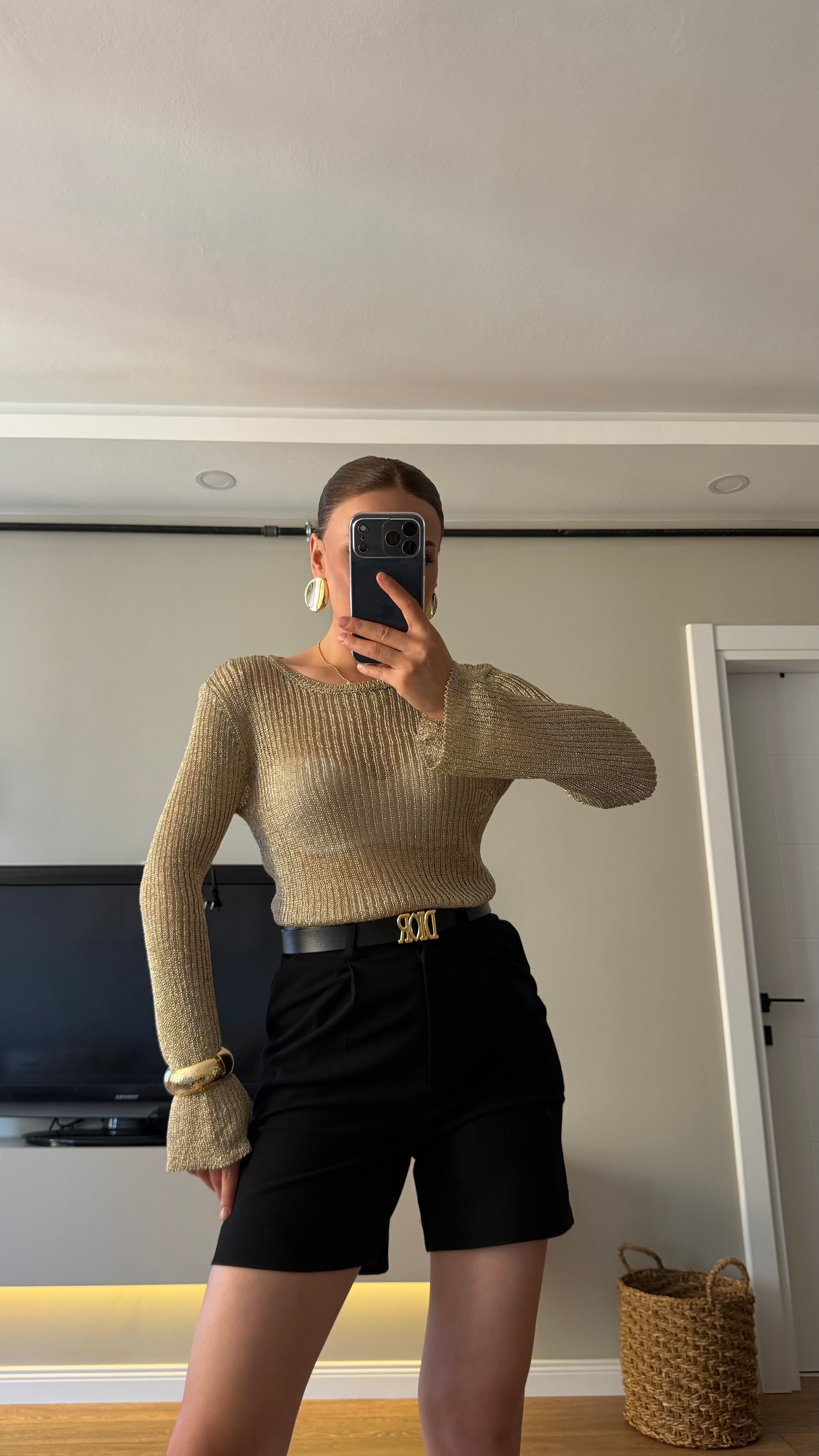 Uzun Kol Simli Bluz Gold
