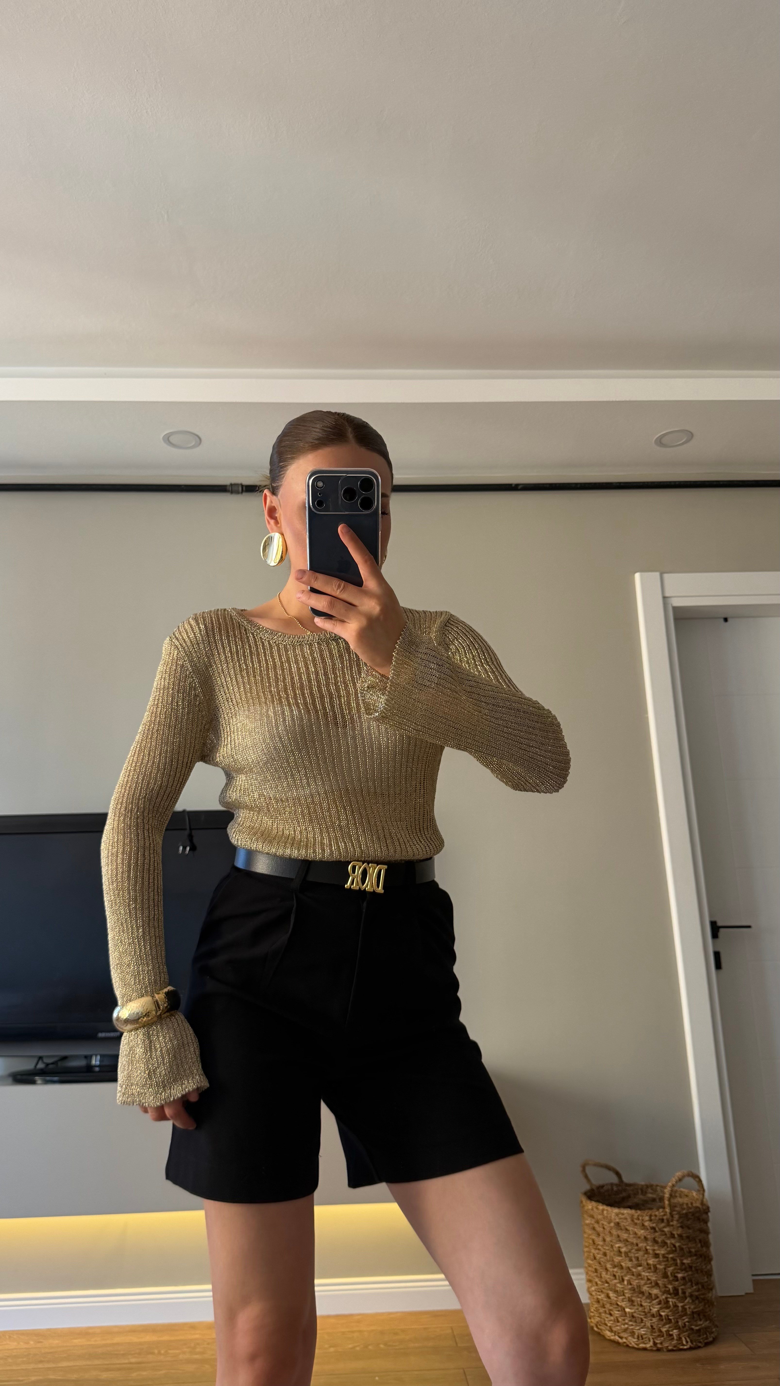 Uzun Kol Simli Bluz Gold