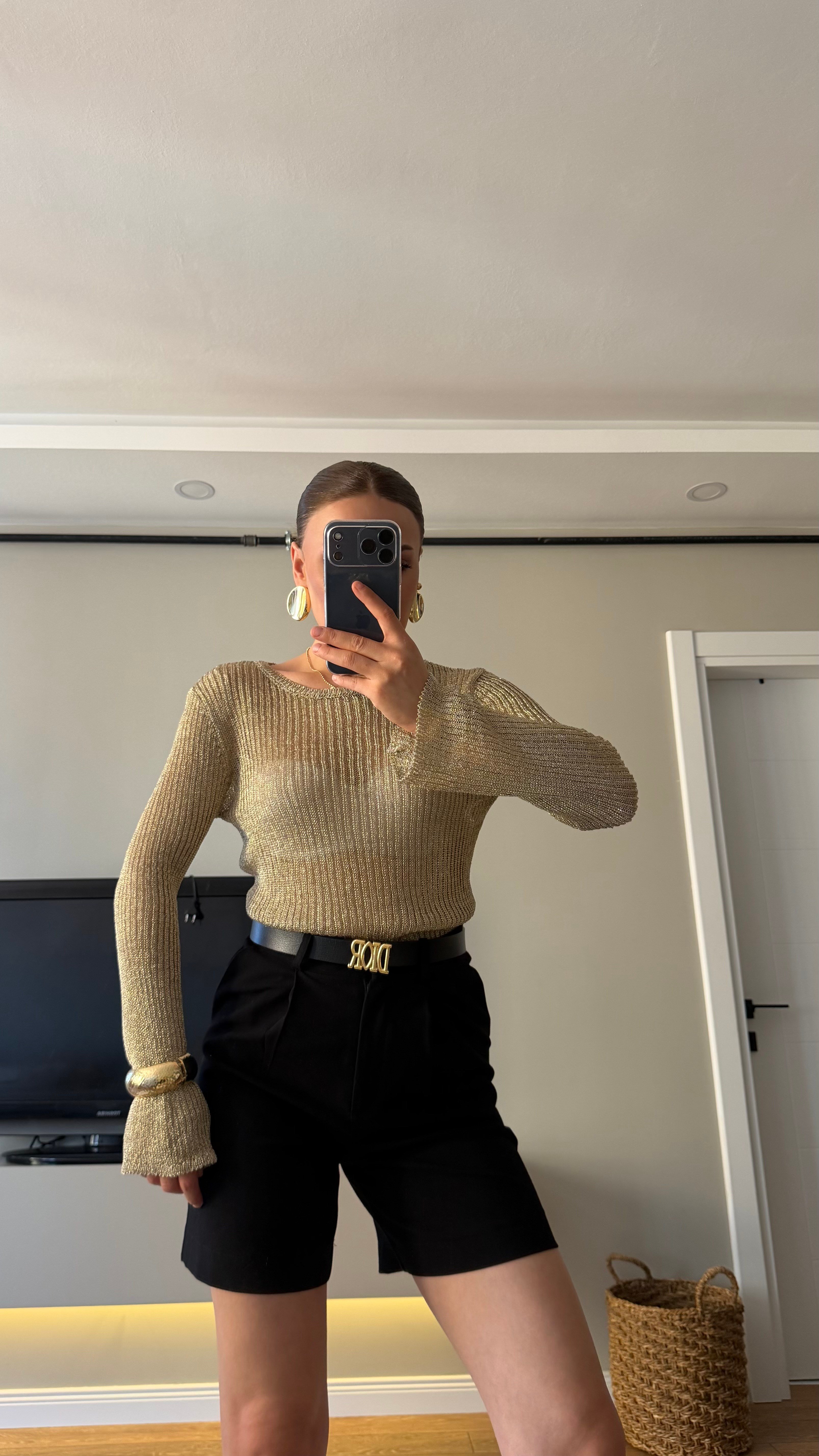 Uzun Kol Simli Bluz Gold