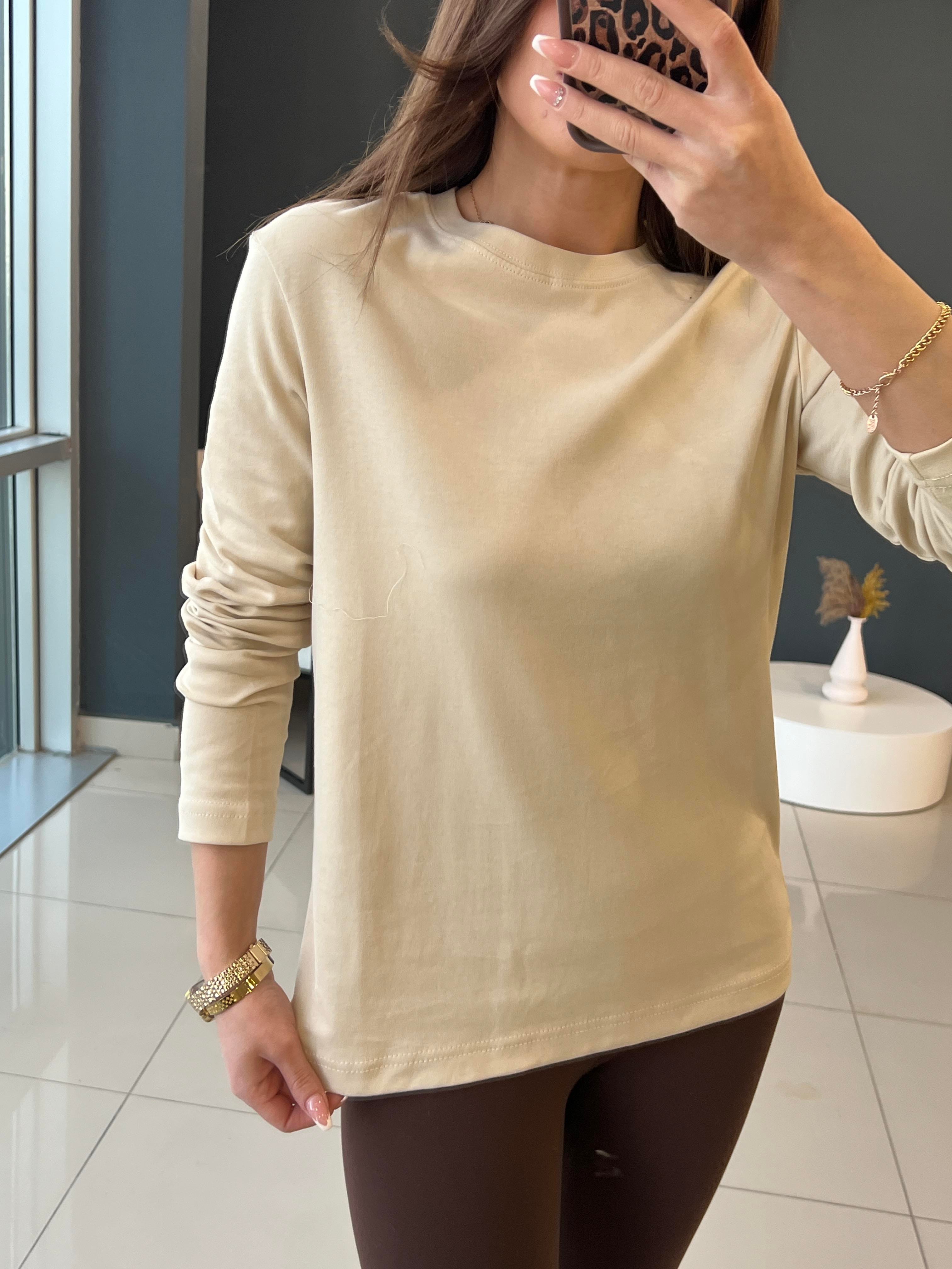 UZUN KOLLU PAMUK BASİC BLUZ BEJ